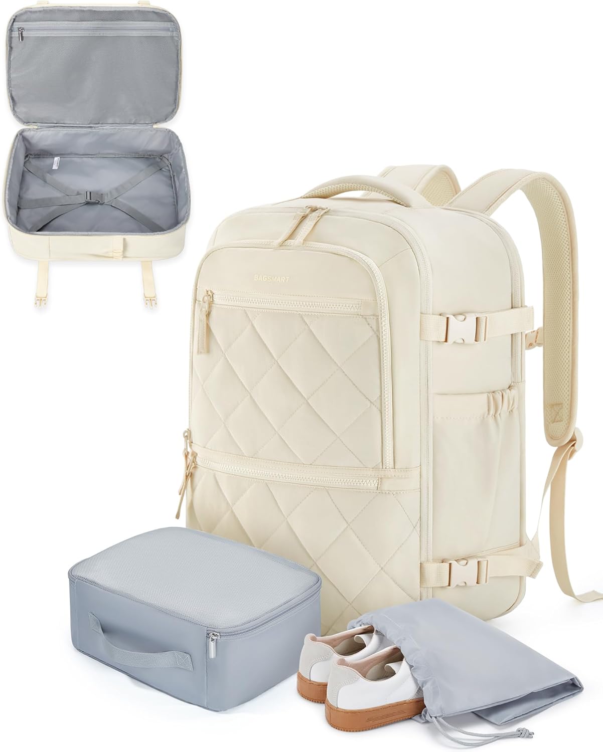 BAGSMART Travel Backpack for Women Men, 30L Carry on Backpack for Airplanes, 17 Inches Backpack for Women, with Shoe Bag & Storage Bag, Backpack Suitcase for Travel, Beige BAGSMART Travel Backpack for Women Men, 30L Carry on Backpack for Airplanes, 17 Inches Backpack for Women, with Shoe Bag & Storage Bag, Backpack Suitcase for Travel, Beige