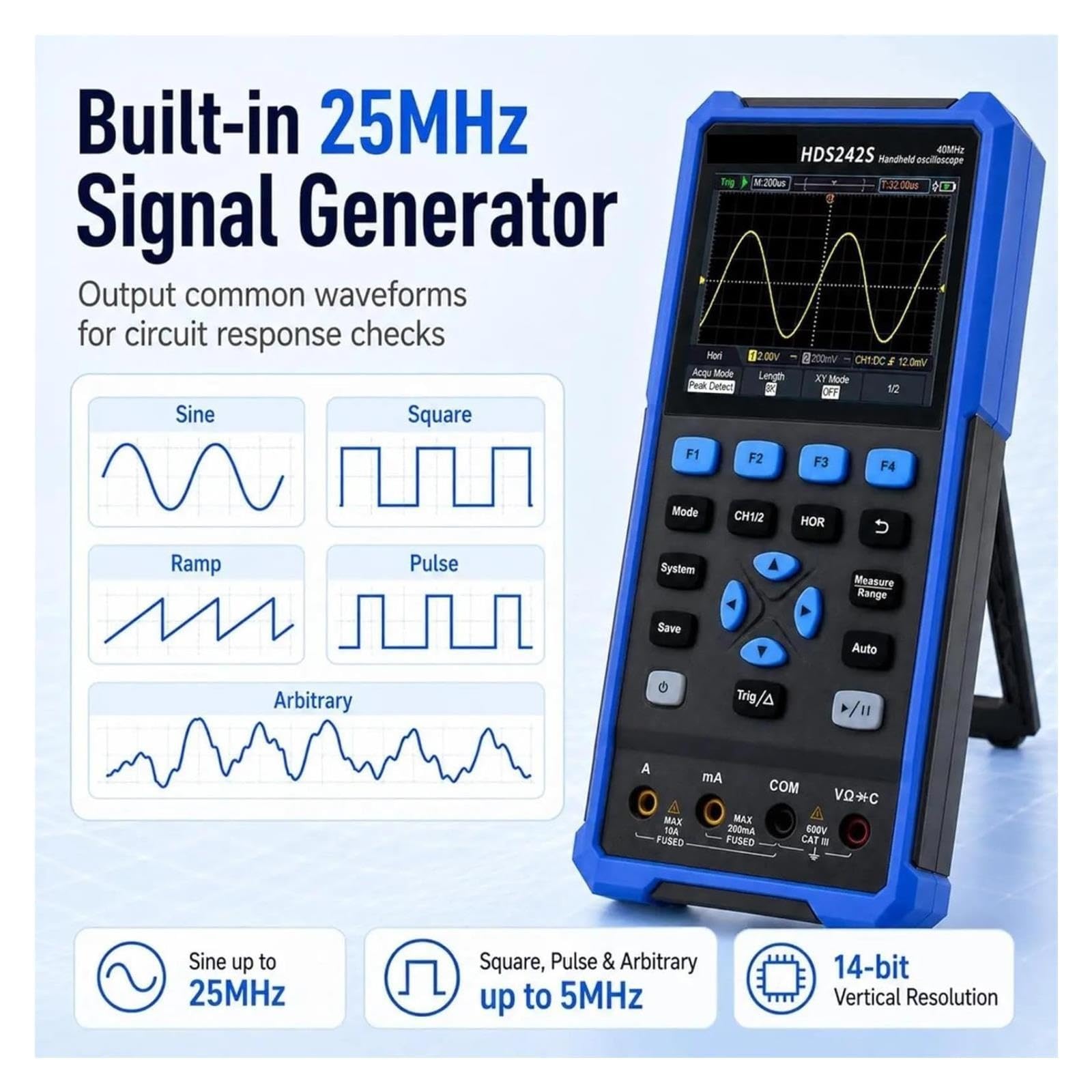 Osciloscopio digital, Osciloscopio portátil 3 en 1, multímetro generador de señal 40MHz, 2 canales, 250MSa/s, LCD a color,8