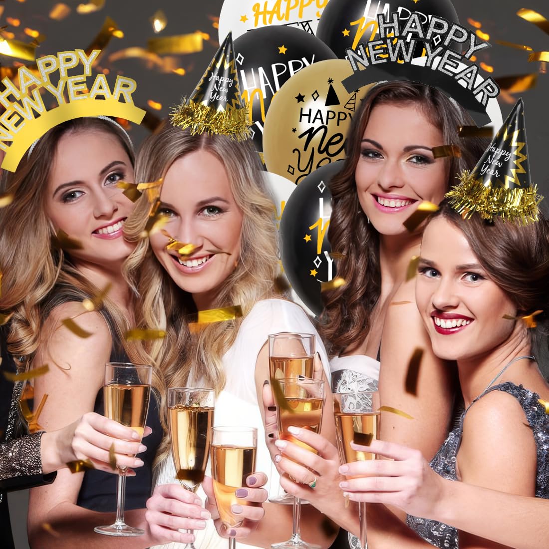 Silvester‑Deko 2025 Set – 46 Teile Mit Partyhüten, Haarreifen, Tröten & Ballons Für Die Neujahrsparty