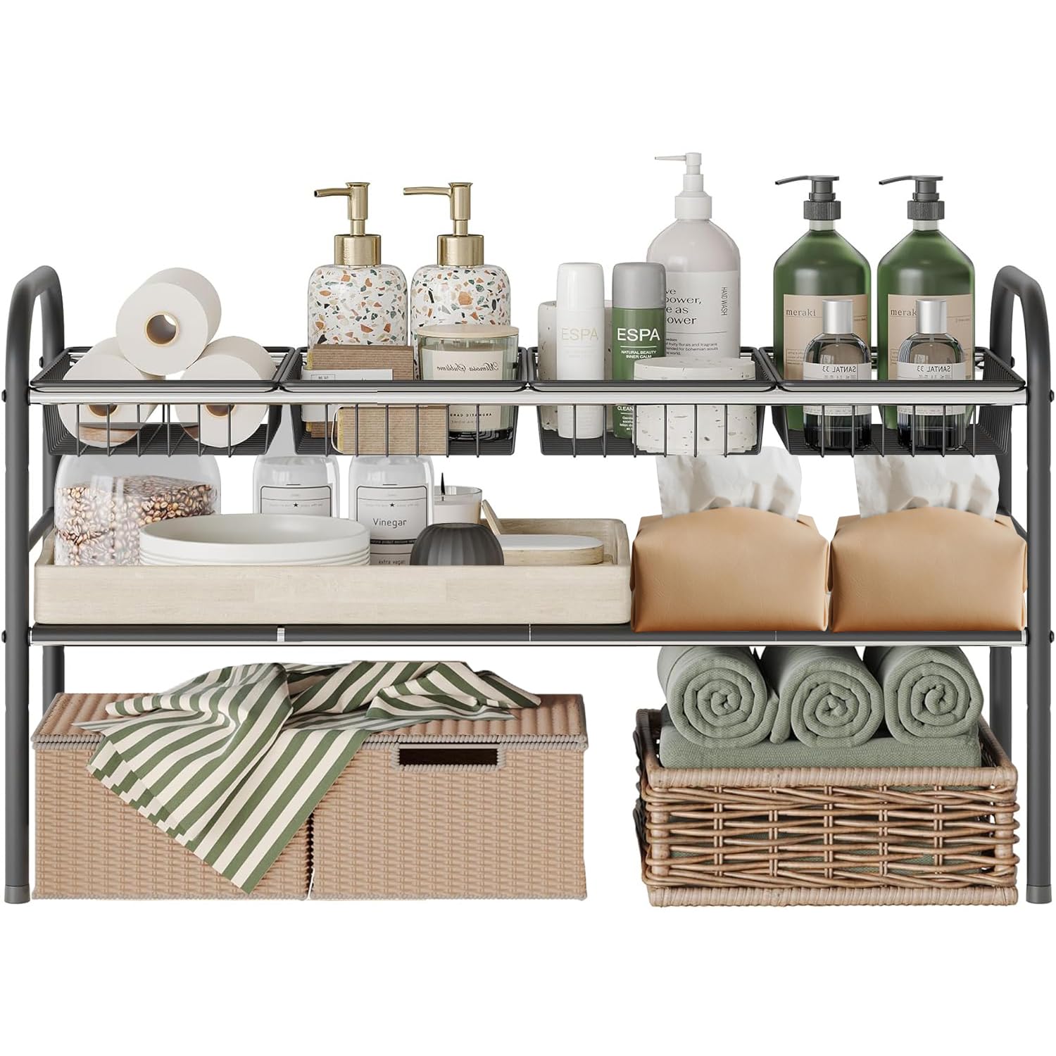 Angju Under Sink Organizer, 2 Tier Expandable Cabinet Shelf Organizer, Under Bathroom Storage Rack with 4 Removable Panels and 4 Baskets, Multi-Use for Kitchen, Bathroom, Shoes Storage