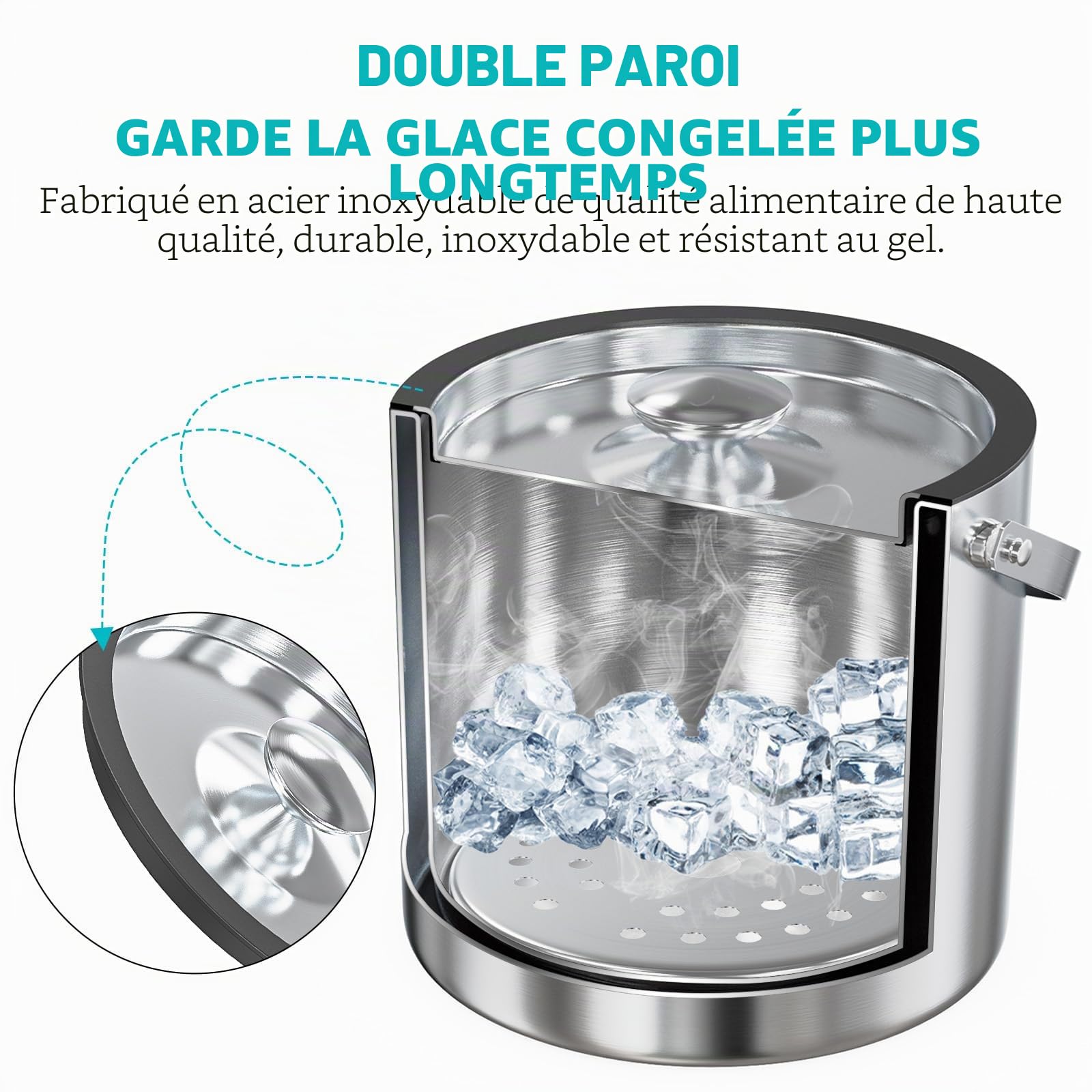 3.2L seau a glacon Isotherme Double paroi Seau à glaçons Incluse Pelle et Couvercle, seau a champagne seau a glace pour apéritifs Boisson Cocktails Bouteille Bar Anniversaires Fêtes