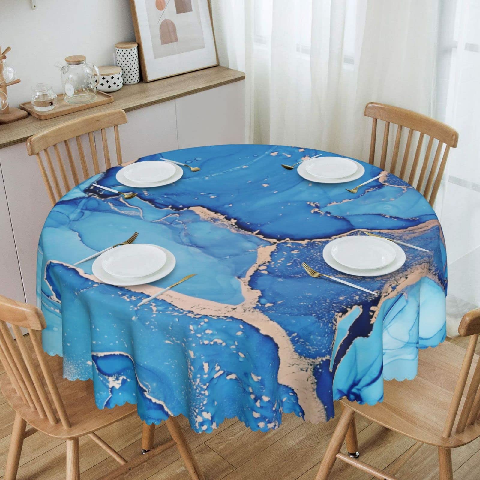 Amazon｜テーブルクロス 円形 抽象 大理石 青 グラデーション 水彩画