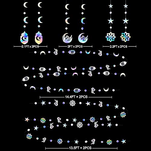 Miniatura 2 de Decoración iridiscente de Ramadán Eid Mubarak, estrella, luna, círculo, luna, farol árabe, guirnalda colgante, telón de fondo para Islam, musulmán,