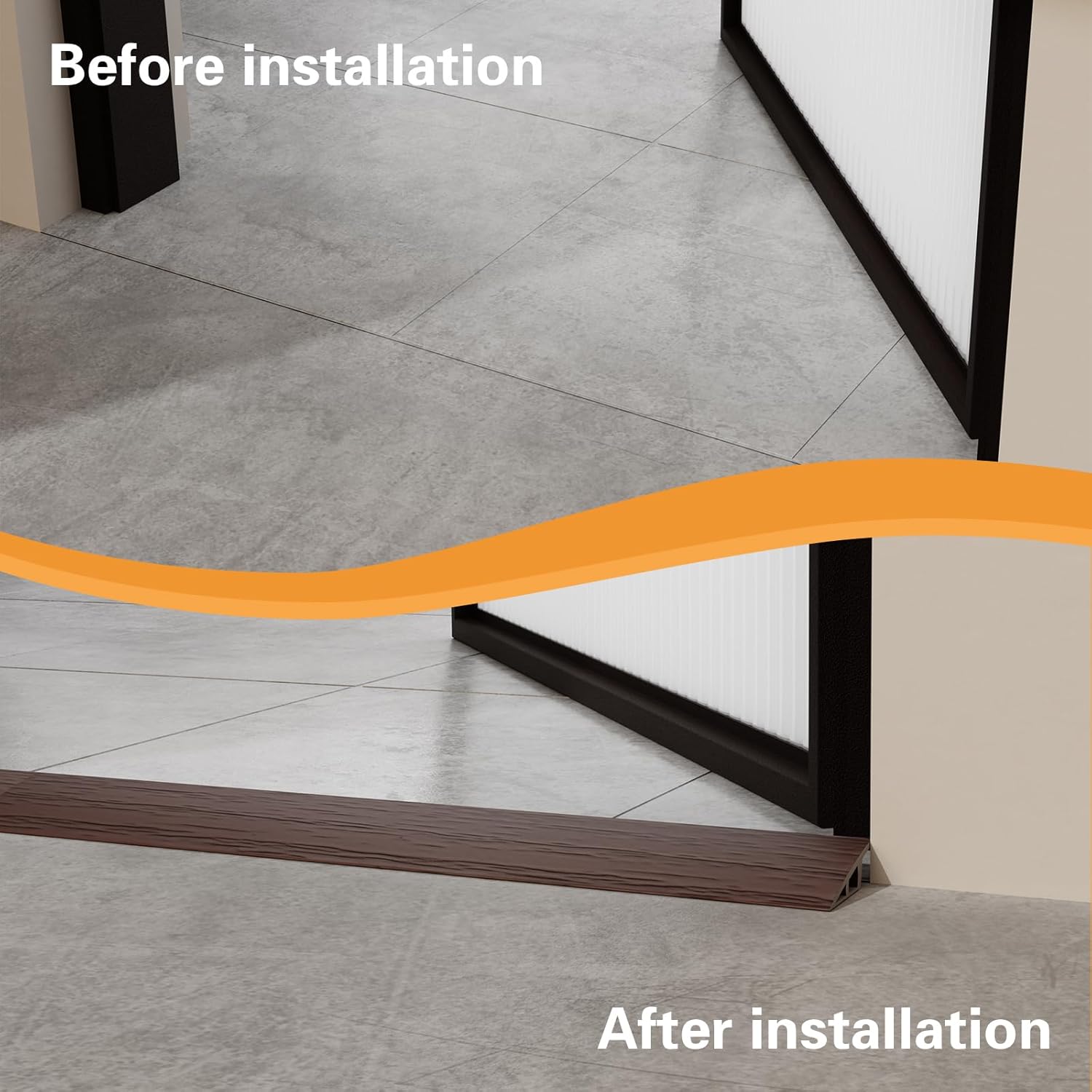 Threshold Floor Transition Strip 3.3ft, Double Sided Self-Adhesive PVC Floor Transition Strip, Doorway Threshold Ramp (Black Wood Grain, 2.7" Wide x 0.6" Height x 3.3'Long)