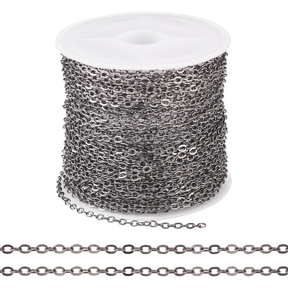 Cheriswelry 32.8 Feet Flat Oval Cable Chains with Spool Gunmetal Soldered Link Chains for Women Men Necklace Bracelet Jewelry Making