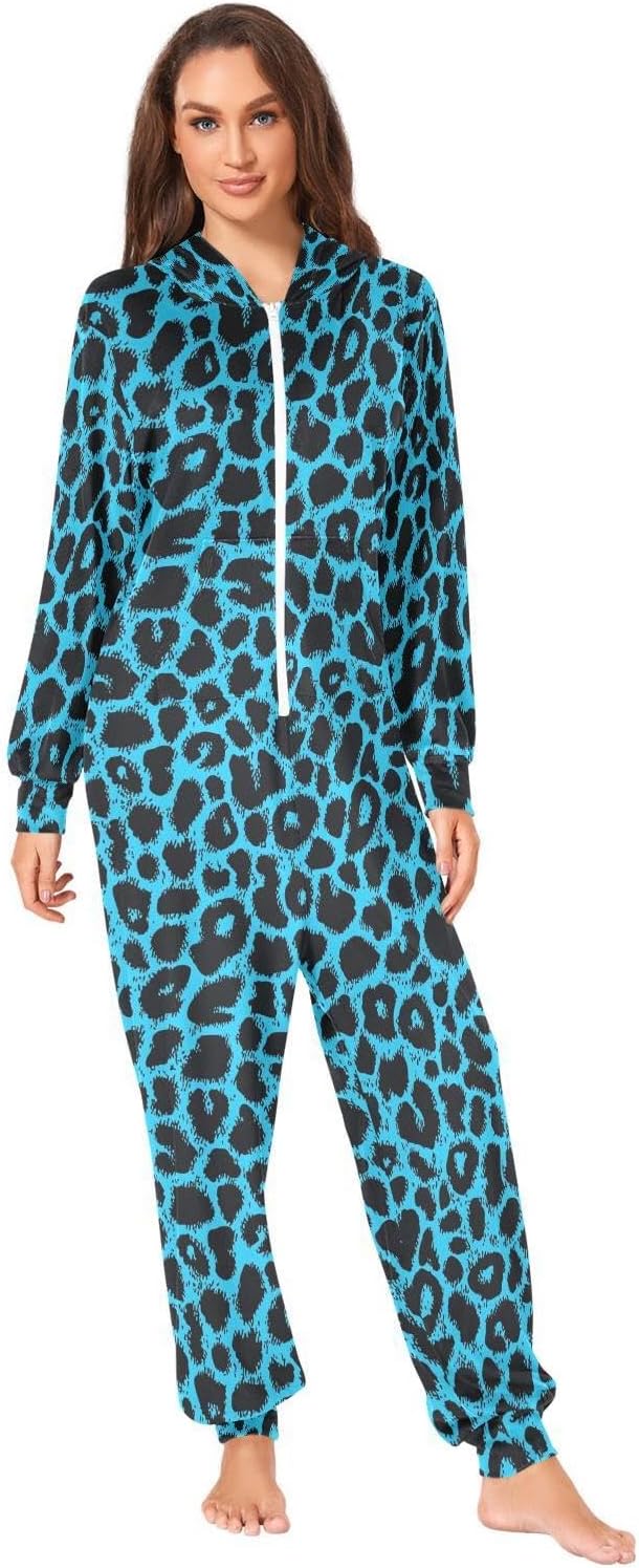 ZZKKO Blue Black Leopard Print Adult Onesie Pajamas for Women Men Cozy One Piece Pajamas Costume Zip-Up Hooded S-XL