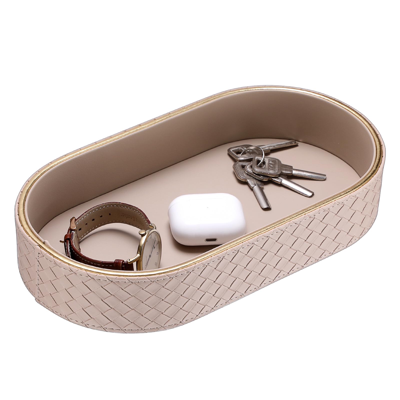 IGNPION Entryway Key Holder Tray, PU Leather Decorative Vanity Tray, Beige