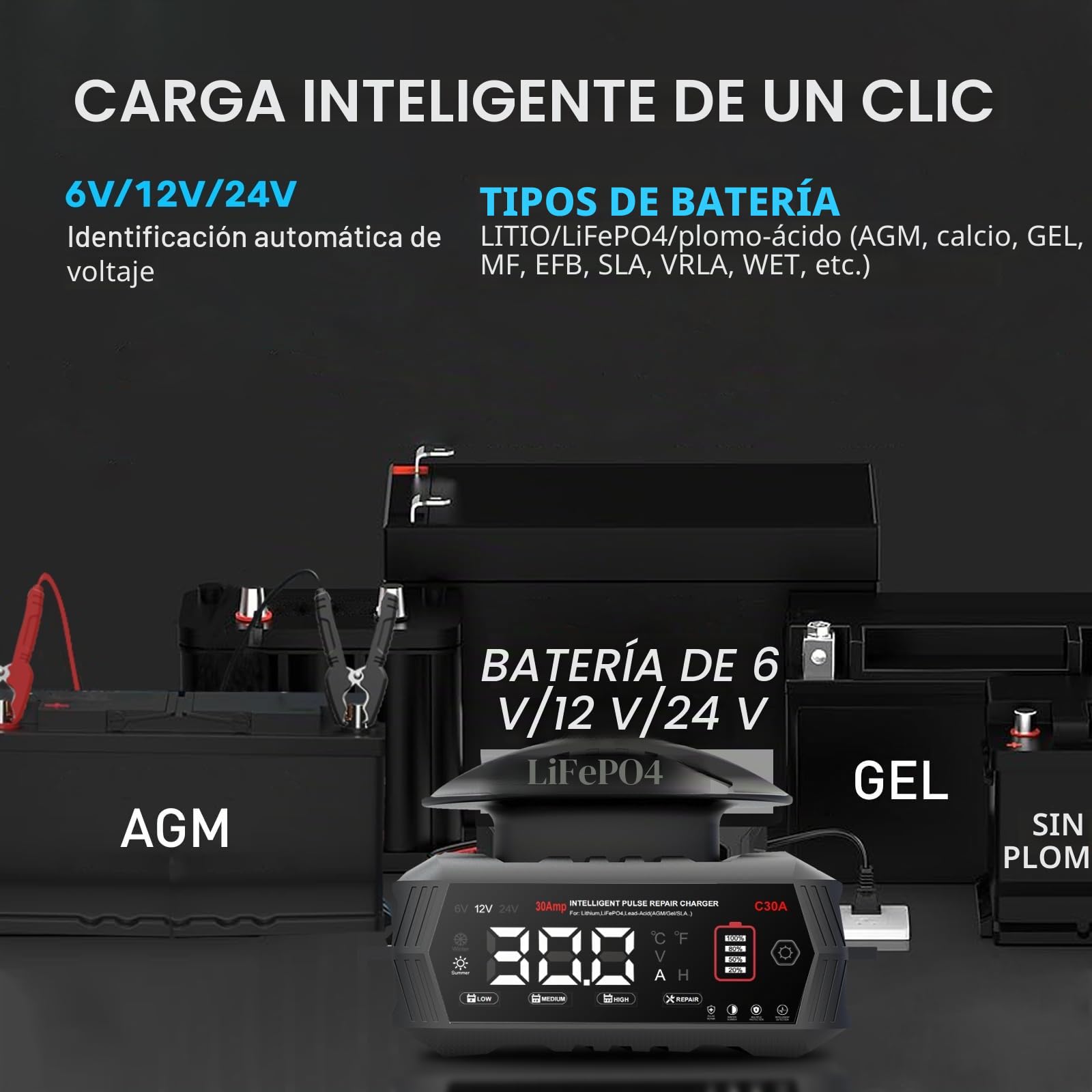 Cargador de batería de coche de 30 A, Haisito 6 V/12 V/24 V, cargador y soporte para AGM, Gel, SLA, EFB y LiFePO4, cargador automático de 9 etapas con pantalla LCD para coche, moto
