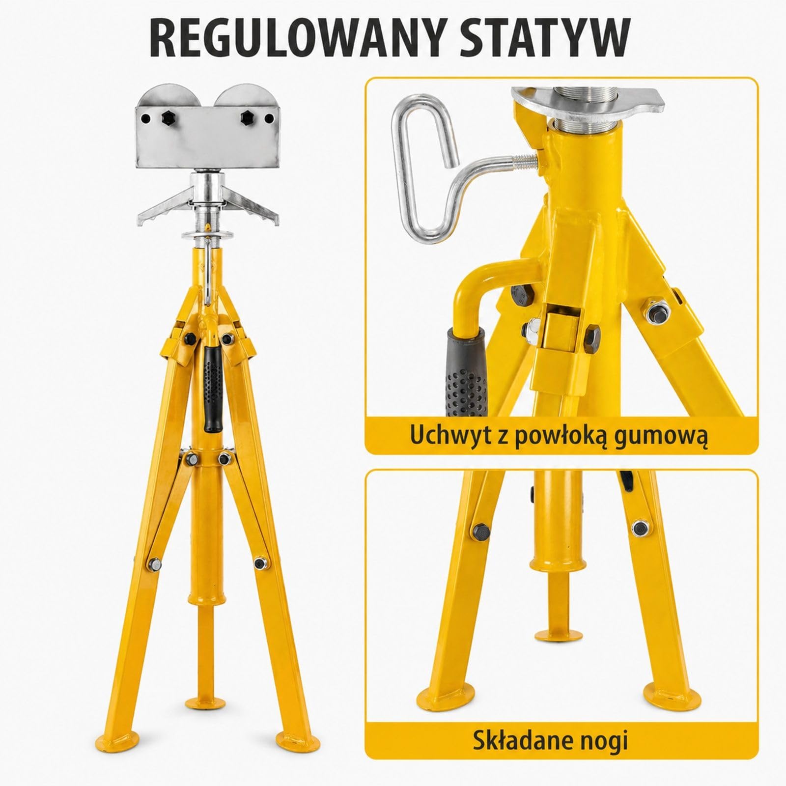 Stalowy stojak podporowy do rur z głowicą rolkową, gumowanym uchwytem, składanymi nogami i zaokrąglonymi stopkami