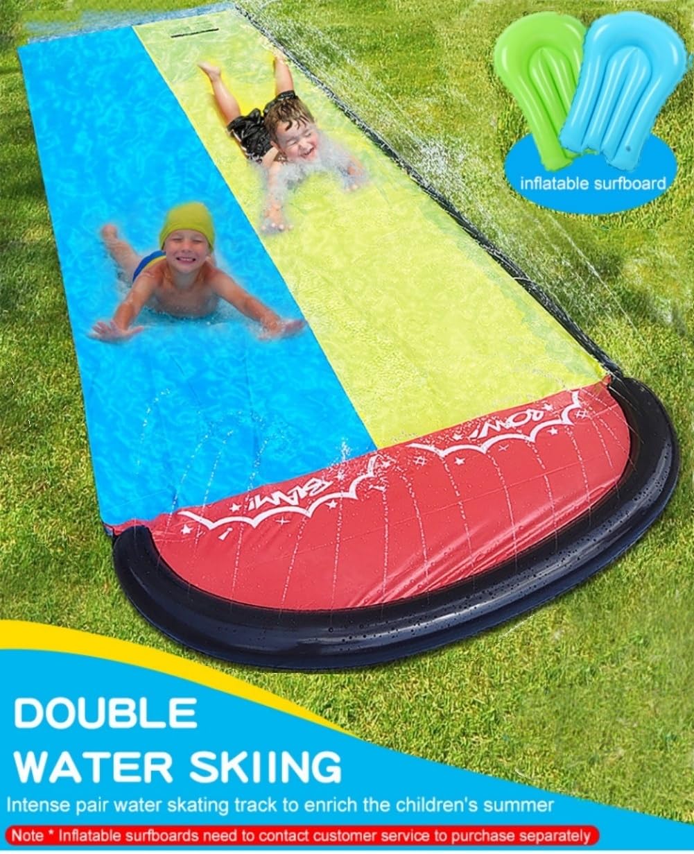 Toboggan Aquatique avec 2 Bodyboards, 480x145cm Toboggan à Eau pour Double Glissade, Toboggan de Pelouse d'eau avec Arroseur Intégré, Jouet d'été pour Enfants Adulte, Plaisir en Plein Air dans Jardin