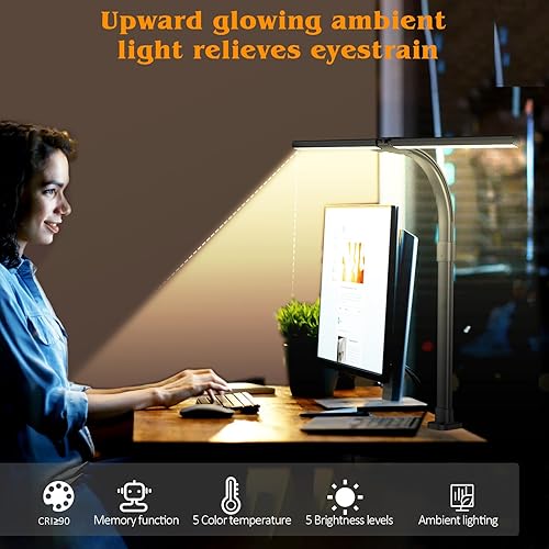 Miniatura 7 de Lámpara de escritorio LED para oficina en casa, luz de escritorio brillante de 24 W con abrazadera, 5 brillo y 5 temperaturas regulables, lámpara de