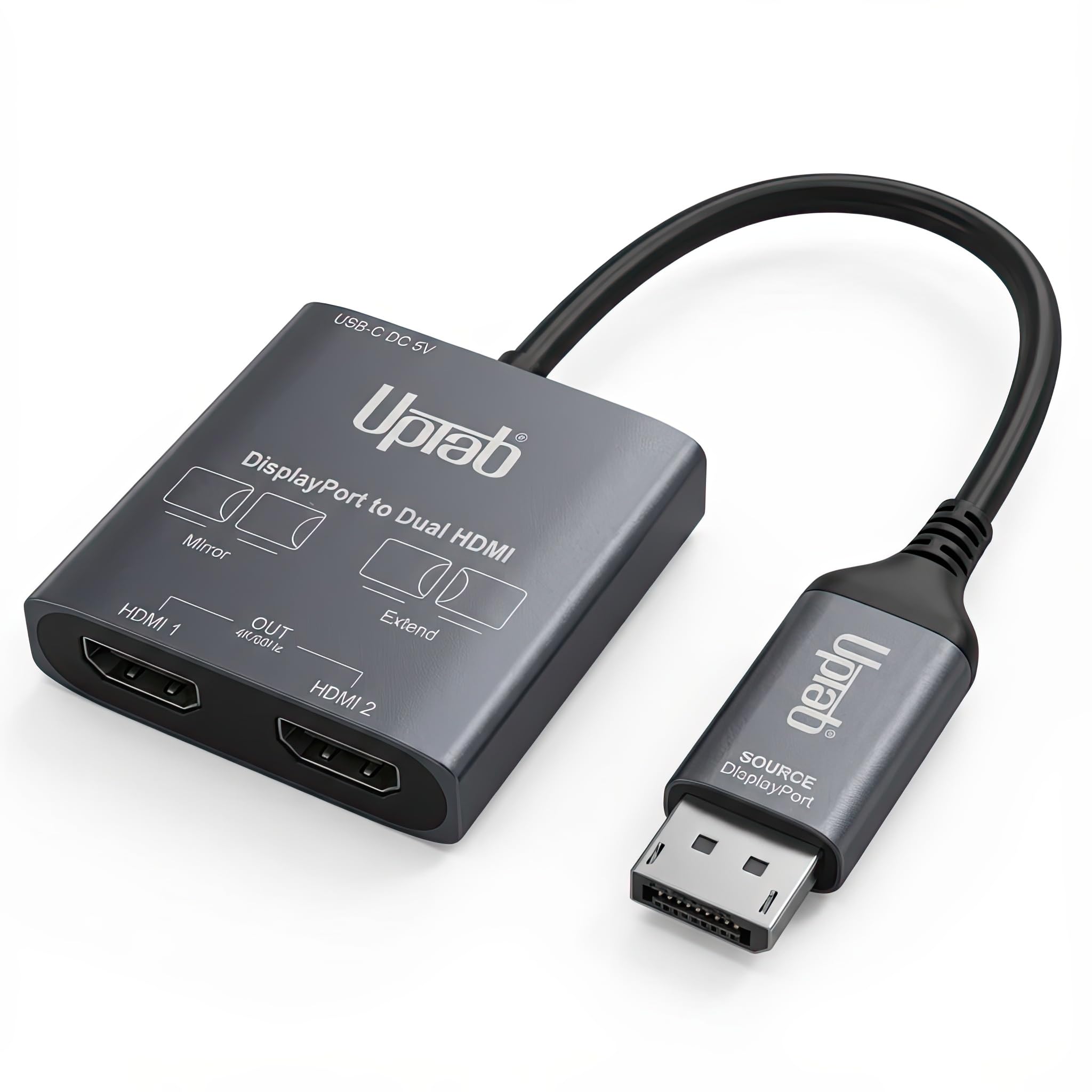 uptab DisplayPort to Dual HDMI Adapter 4K 60Hz Multi Monitor Splitter, Converter Dual Monitors Extended Display SST MST Hub, Display Port Extend 1 in 2 HDMI Out, DP to 2X HDMI 2.0
