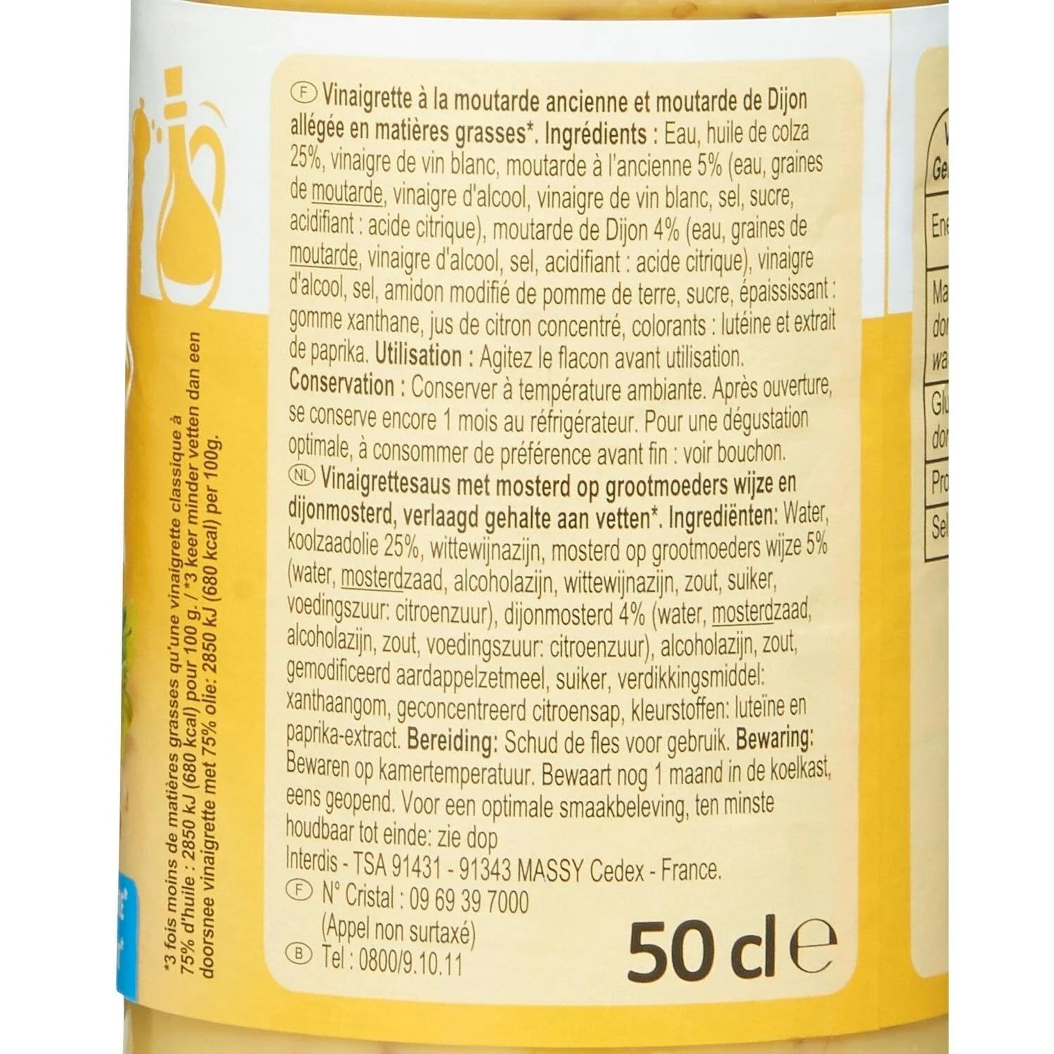 Carrefour Classic - Vinaigrette Légère à la Moutarde à l'Ancienne et Moutarde de Dijon - Allégée en Matières Grasses - la bouteille de 50cL - Le Lot De 4