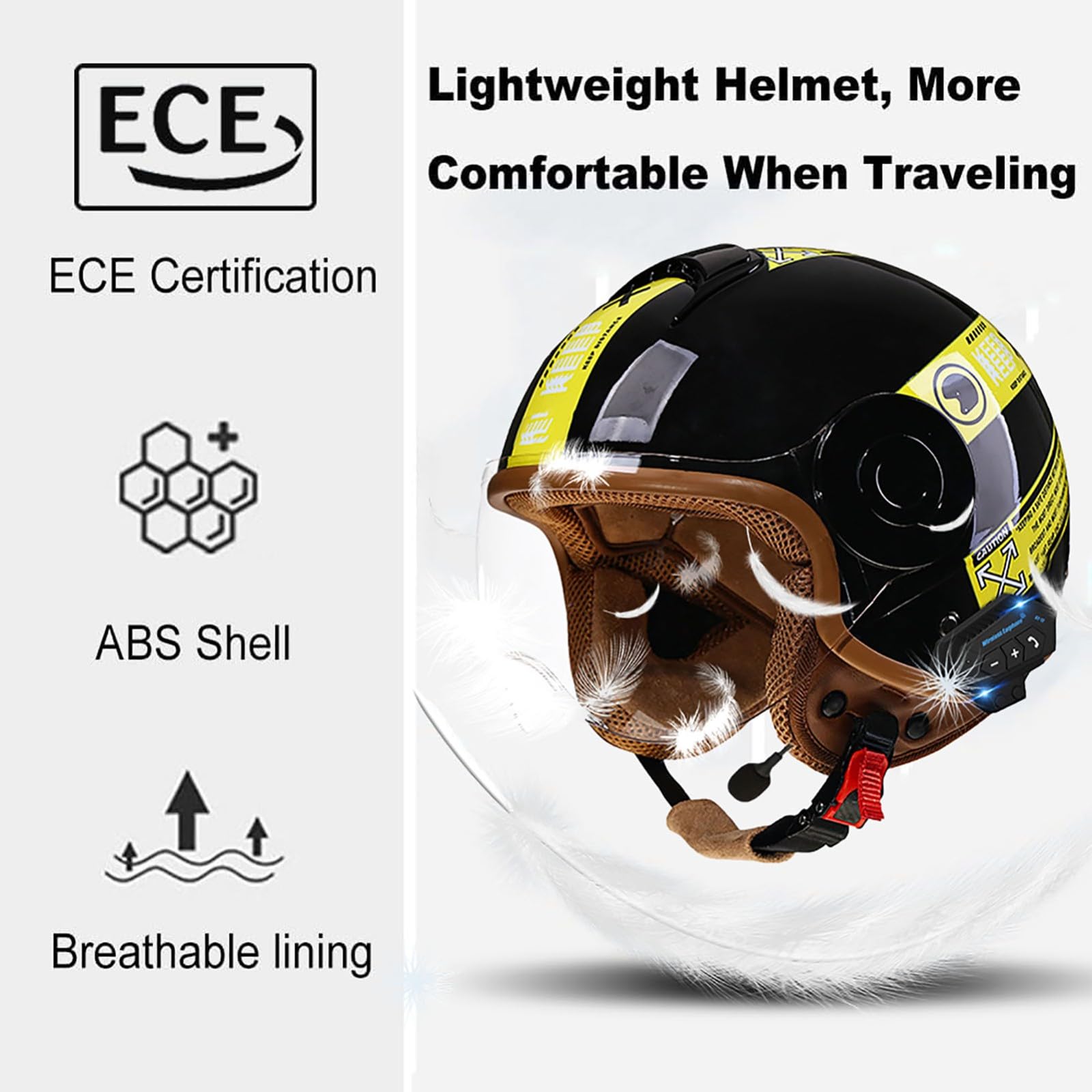 Bluetooth Open Face 3/4 Motorcycle Helmets, Motorcycle Retro Half Helmet With Bubble Mirror, ECE Certification, Adult Unisex Jet Vintage Half Helmet (57 - 61 Cm