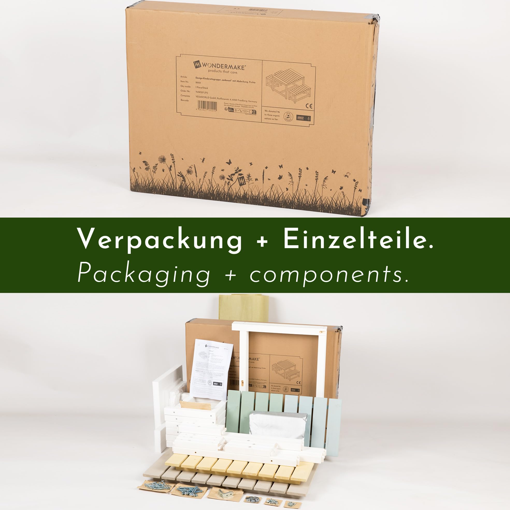 Design Kindersitzgruppe Outdoor Garten Holz mit Abdeckung, Kinder-Sitzgarnitur Indoor Picknick-Gruppe ab 3 Jahre, weiß bunt