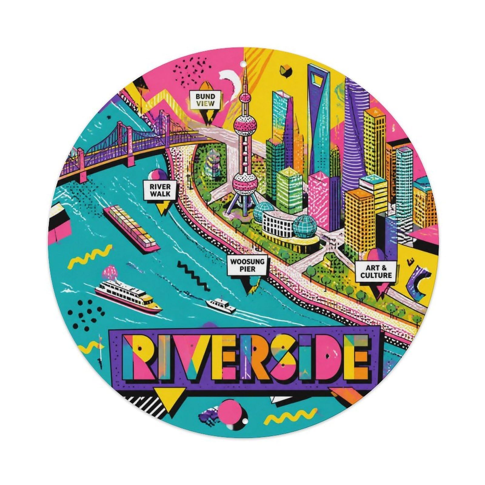 Okngb Style Urban Route Shanghai Riverside District Color Blocks Metal Tin Sign Plaque Wall Decor For Cafe, Man Cave, Club Bar, Office, Home Garden Round Metal Poster 8X8inch