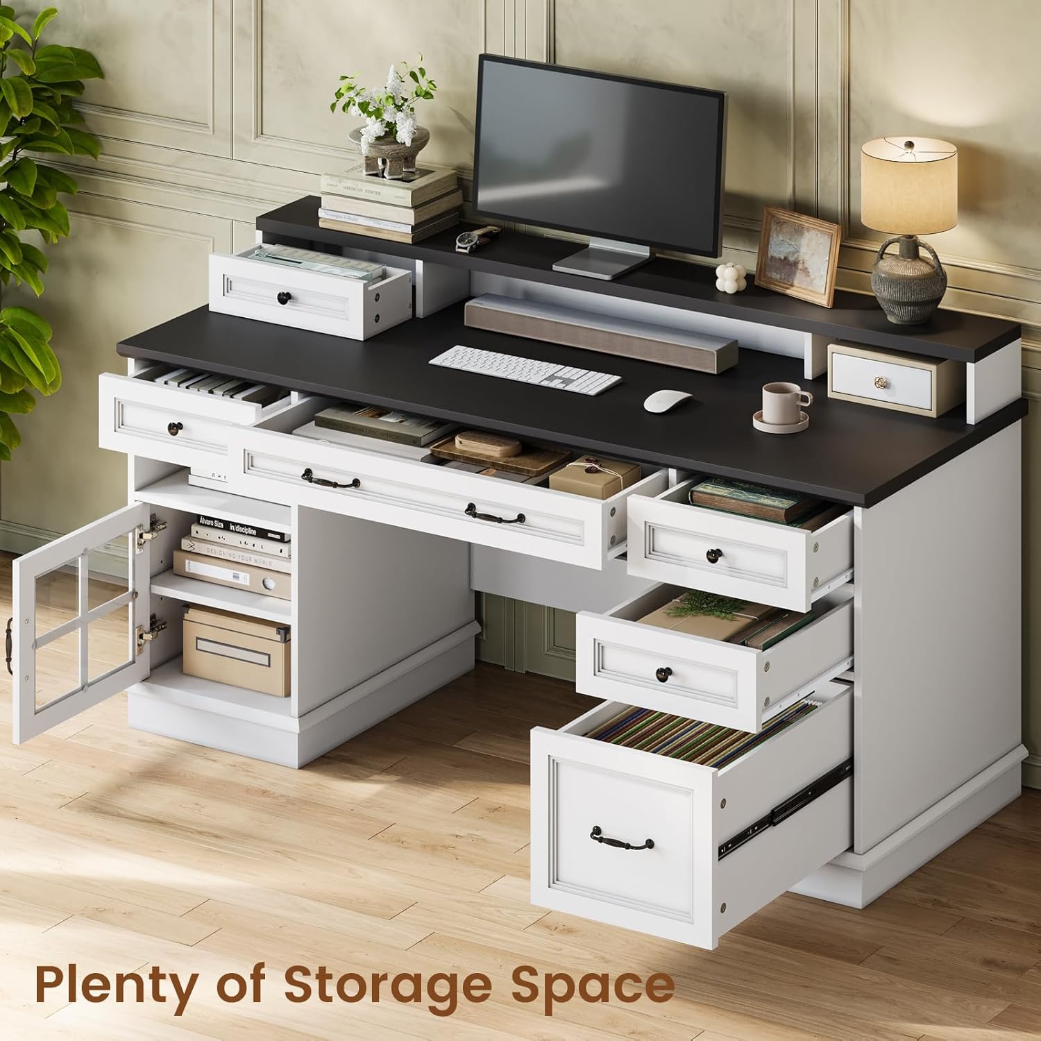 Desk with multiple drawers and a cabinet open, revealing storage space