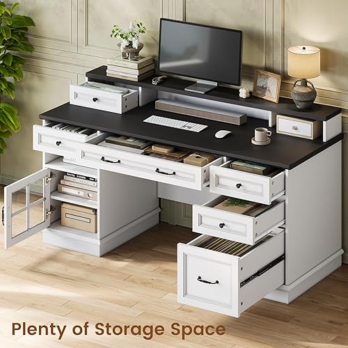 Miniatura 5 de Escritorio ejecutivo de granja con cajones, escritorio para ordenador con cajones de archivo, toma de corriente y luces LED, escritorio ejecutivo de