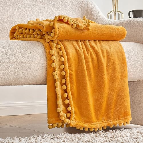 MIULEE Manta de vellón con flecos de pompones, suave, acogedora, ligera, manta de cama de franela de felpa mullida con borlas decorativas bohemias