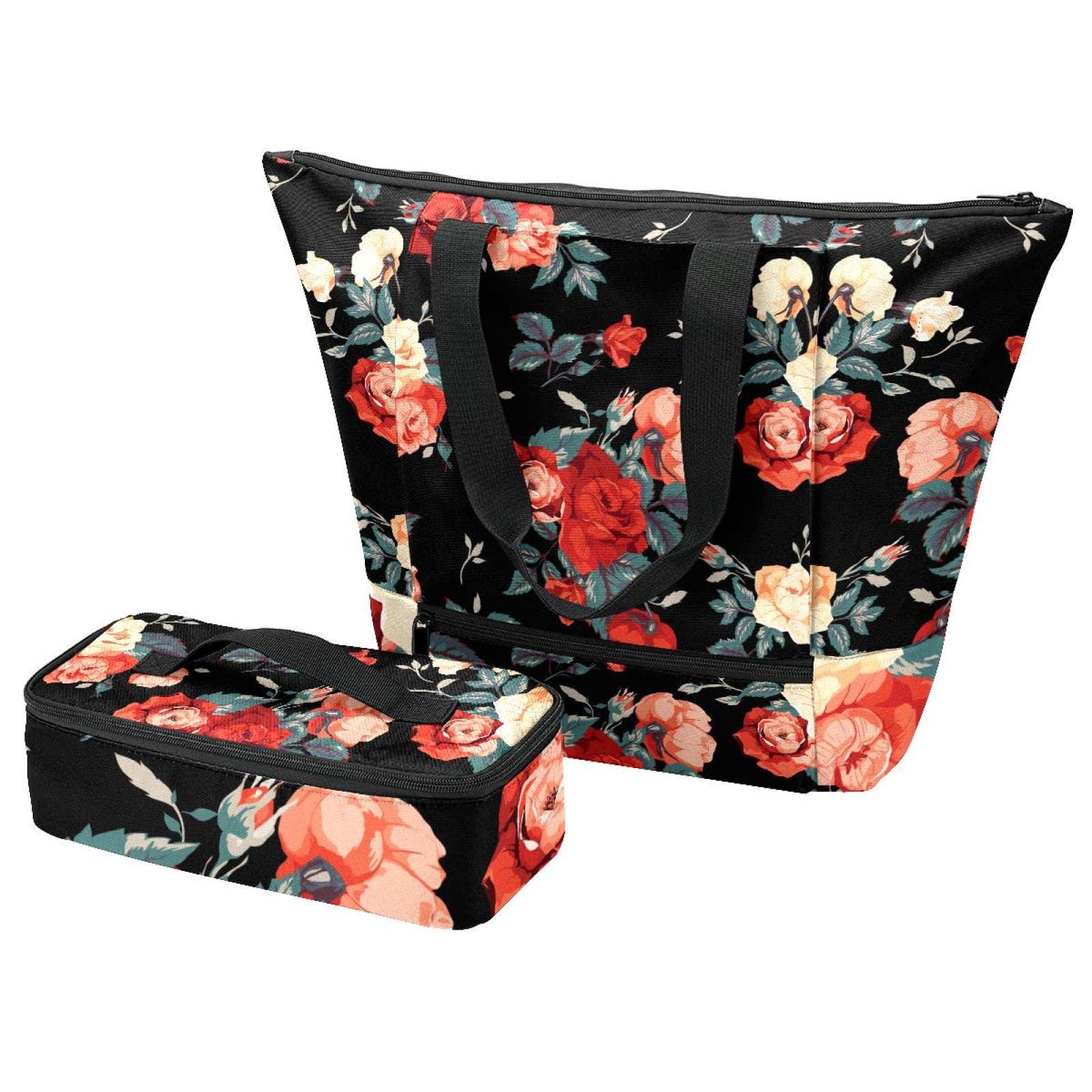 Grand sac fourre-tout et boîte à déjeuner rétro à fleurs bleues avec pochette isotherme de voyage