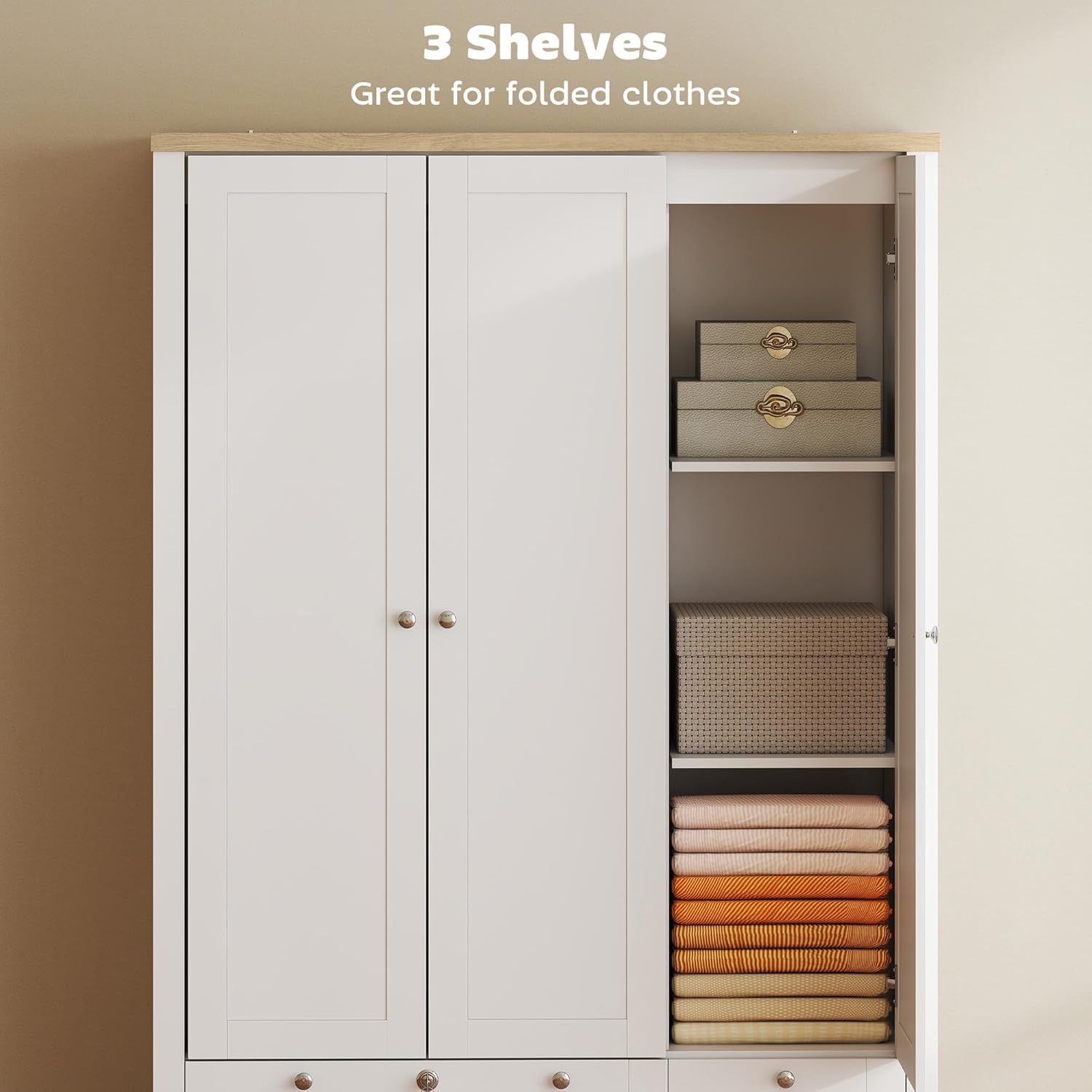 Interior view of the wardrobe's side section, highlighting three shelves suitable for folded clothes or storage boxes.