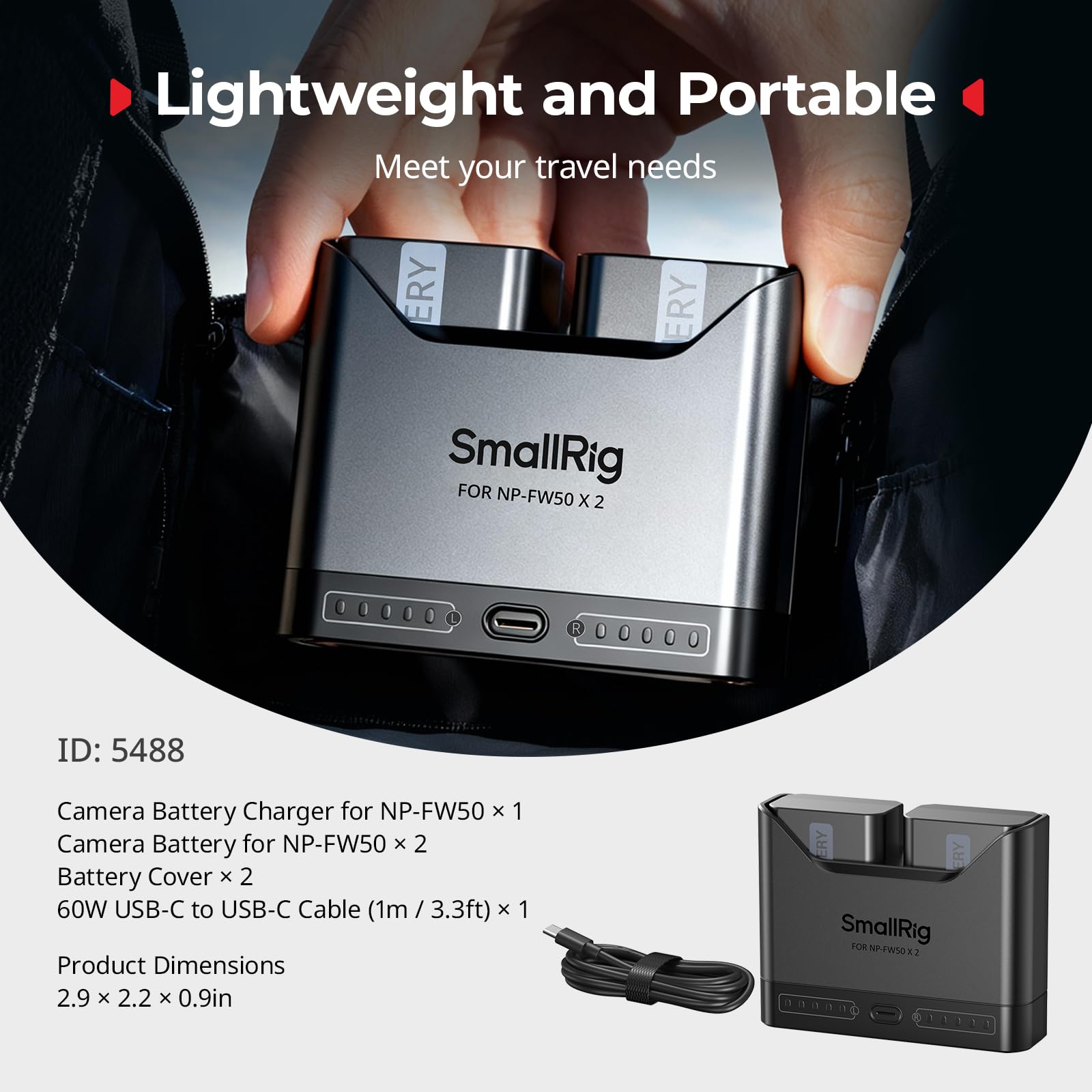 SMALLRIG NP-FW50 Kamera-Akkuset für Sony, 11W-Doppel-Ladegerät mit 1030mAh-Akkus, Vollständig für Sony A6000, A6100, A6300, A6400, ZV-E10, A7, A7S, A7R, A7SII, A7RII, A5000, A5100, ILCE-QX1-5488