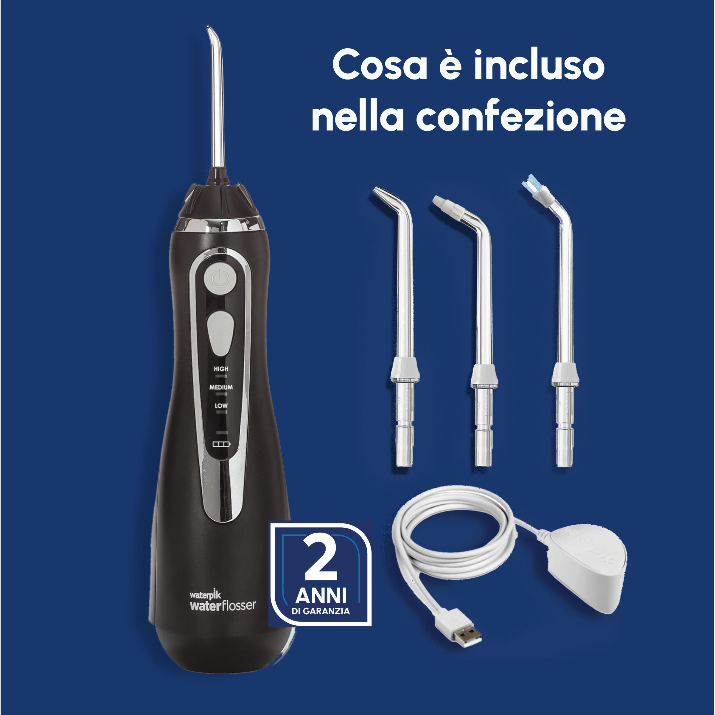 Waterpik Idropulsore Dentale Portatile, 3 Impostazioni di Pressione, Assicura la Rimozione Placca Dentale ed è Utilizzabile in Viaggio o in Bagni Piccoli, Batteria Ricaricabile, Nero (WP-582EU)