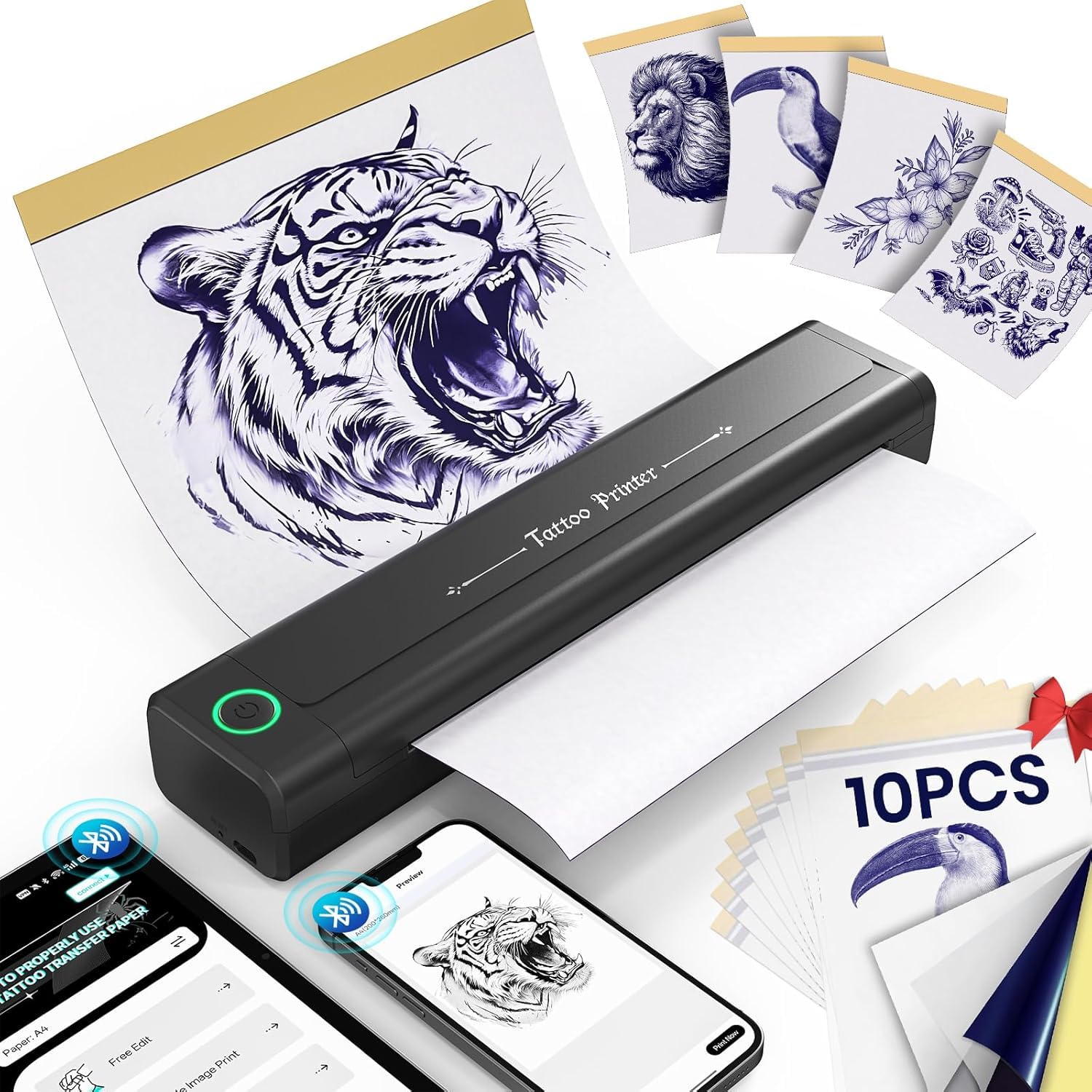 YOHOOLYO Drukarka do szablonów do tatuażu, drukarka termiczna Bluetooth 2000 mAh z systemem przeciwzmarszczkowym, przenośna maszynka do tatuażu 203DPI do systemów iOS/Android, zawiera 10 papierów