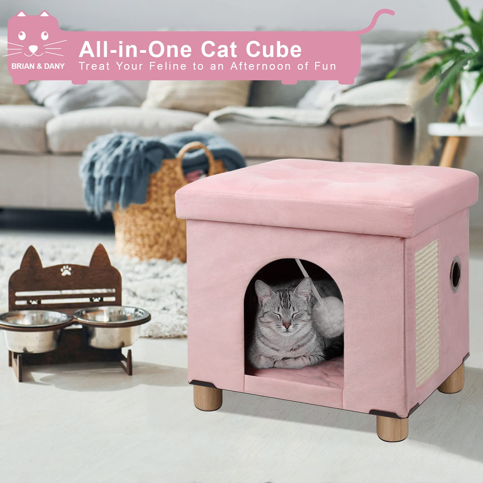 BRIAN & DANY Pieghevole Cuccia Gatto, Casetta Grande per Gatti con Tiragraffi e Pallina da GiocoGrigio, 37,5×32,5×36cm, Rosa