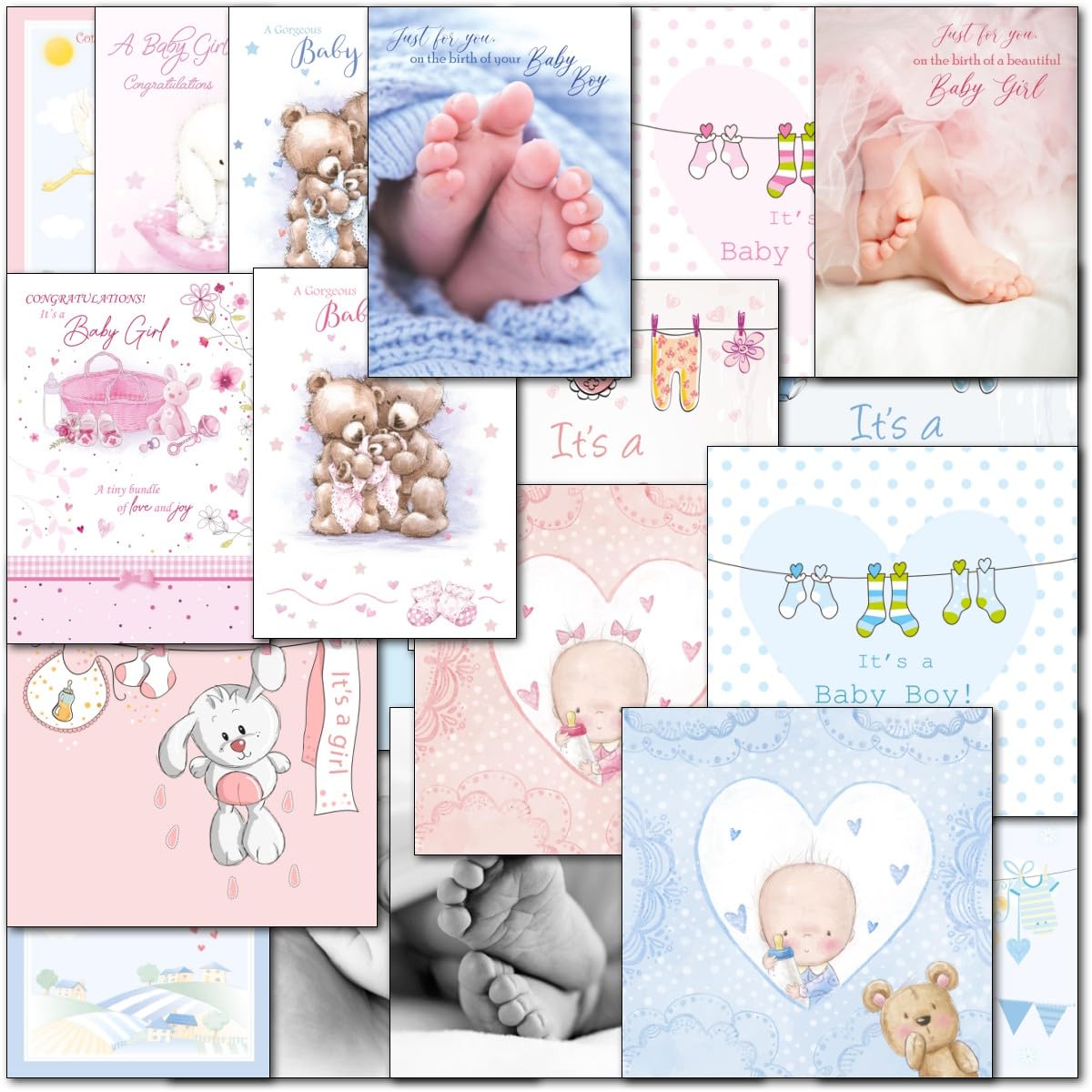 doodlecards Pack 20x Mixed New Birth Congratulation Cards. Multipack New Baby Boy Girl with Envelopes. 100% Recyclable. Made in the UK.