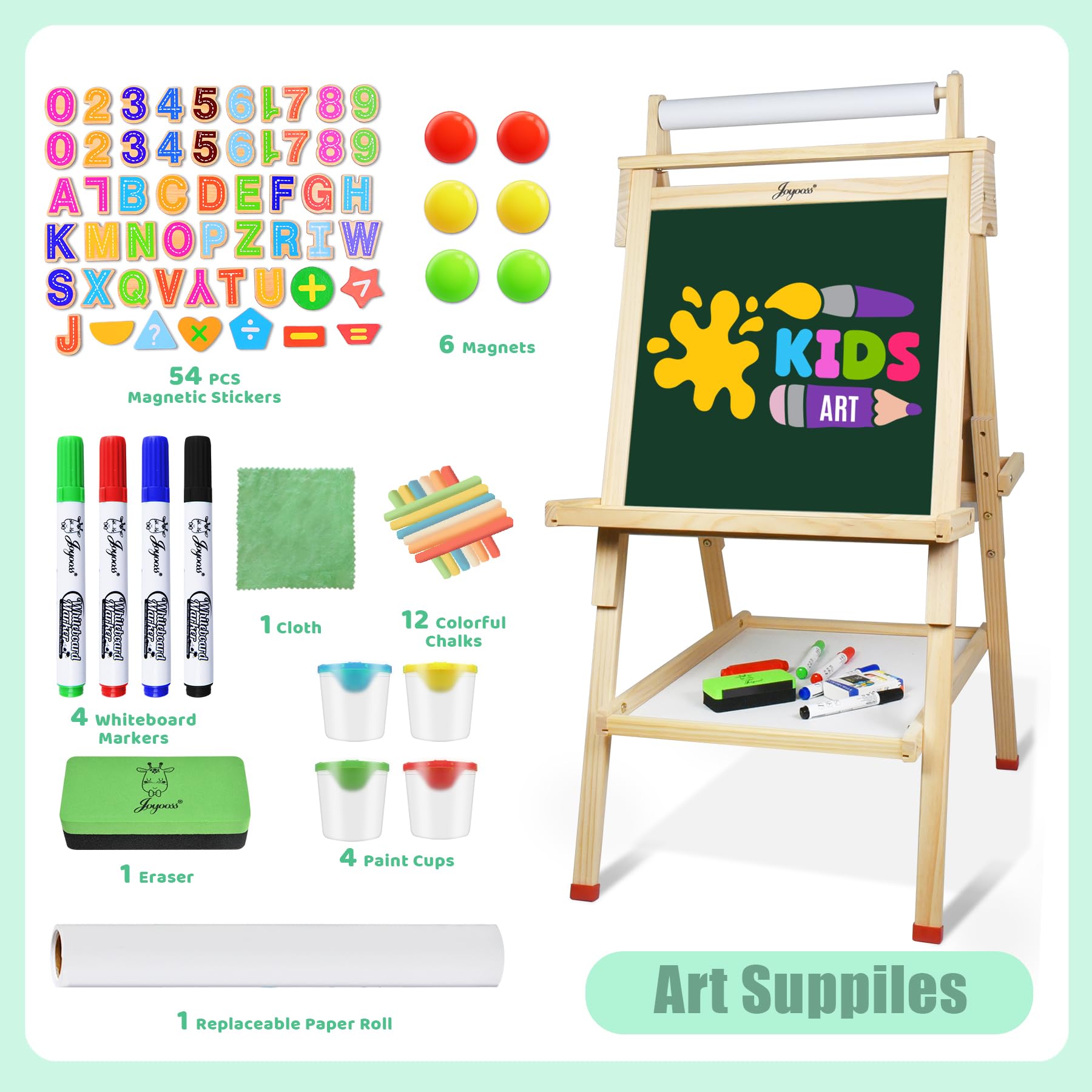 Joyooss Kindertafel Mit Papierrolle, Höhenverstellbare Kreidtafel Doppelseitige und Whiteboard, 3 in 1 Schultafel Mit Malzubehör für Mädchen Jungen (109)