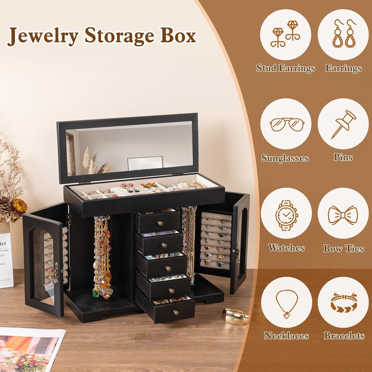 Joyeros Mujer Organizador, 6 Niveles Organizador Joyas Rústica con Espejo, Joyero Madera Grande para Collares, Pendientes, Anillos, Pulseras (Negro)