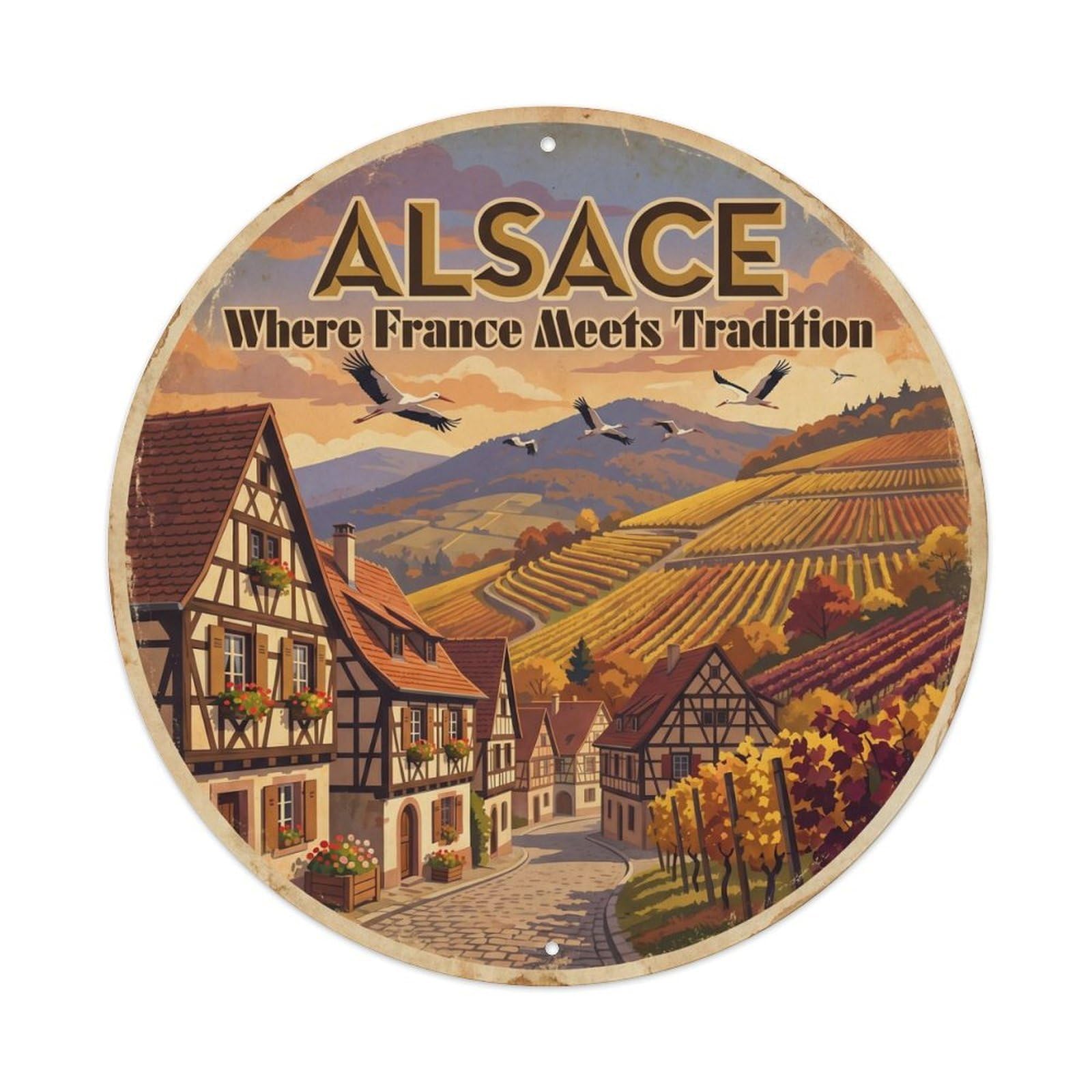 Vintage Travel Alsace Vineyards France Metal Tin Sign Plaque Wall Decor for Cafe, Club Bar, Office, Home Garden Round Metal Poster 8x8Inch
