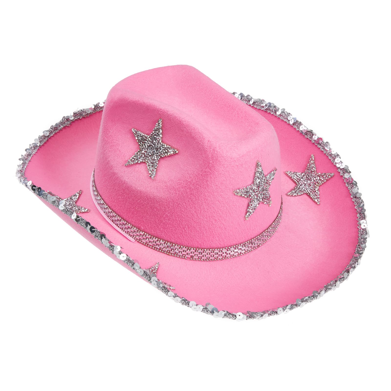 Anuedgis Women's Sparkly Rhinestone Star Western Cowboy Hat Wide Brim Fancy Dress Cowgirl Hat for Party Music Festival Wedding Costume (Pink 1, ONE Size)