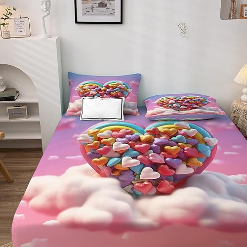 Miniatura 2 de Juego de sábanas de 3 piezas con diseño de corazón y nubes de arcoíris, tamaño individual, sábanas y fundas de almohada, sábana bajera ajustable de