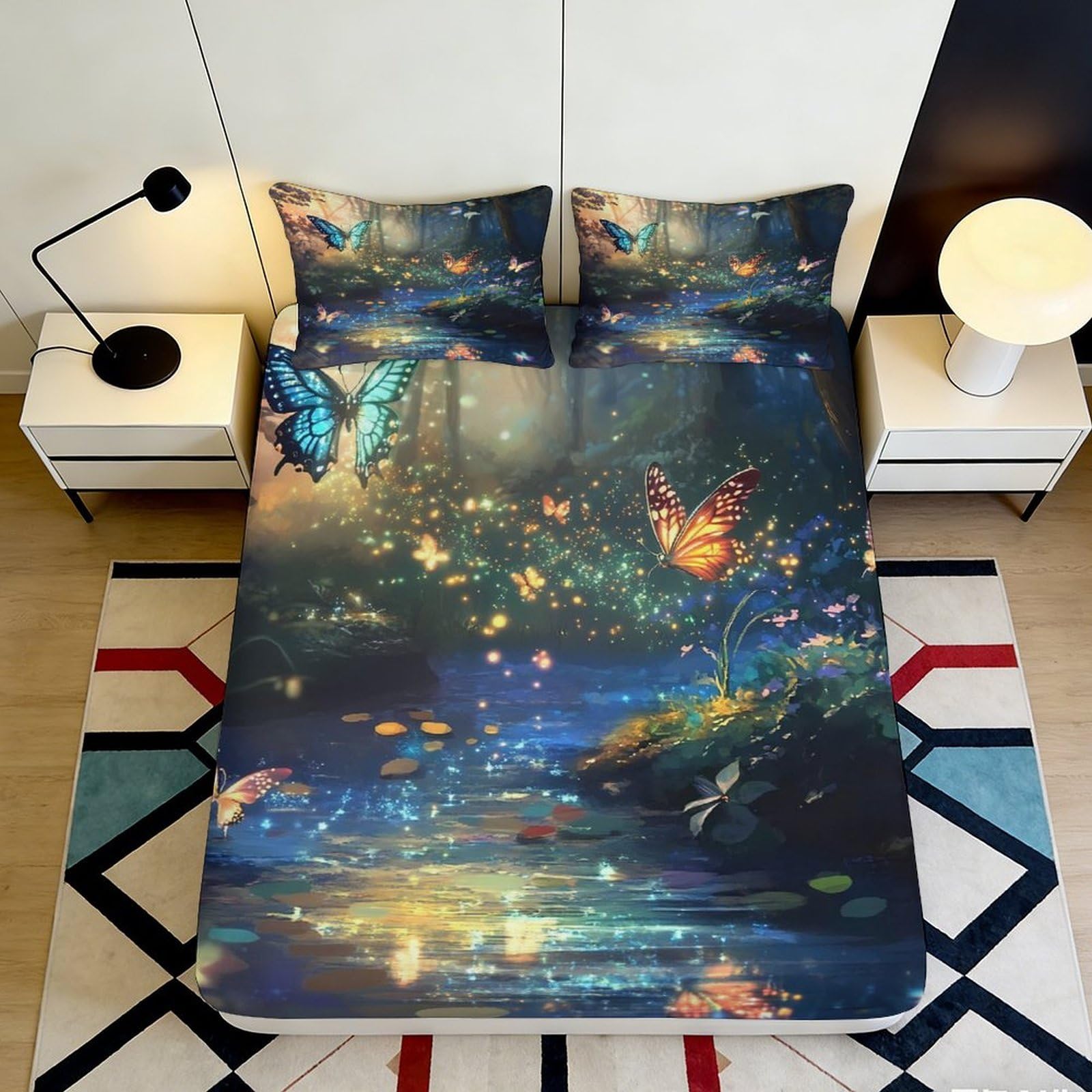 3D Printed Enchanted Forest Fitted Sheet Microfiber Soft Butterfly River Bed Cover for Bedroom Guest Room Decor 90x200x25cm