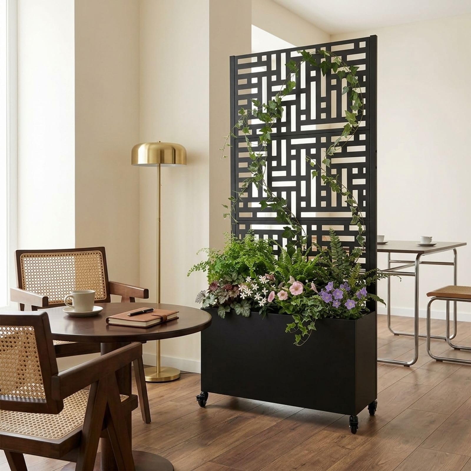 Jardinera con protección visual, enrejado con ruedas, 82 x 38 x 190 cm