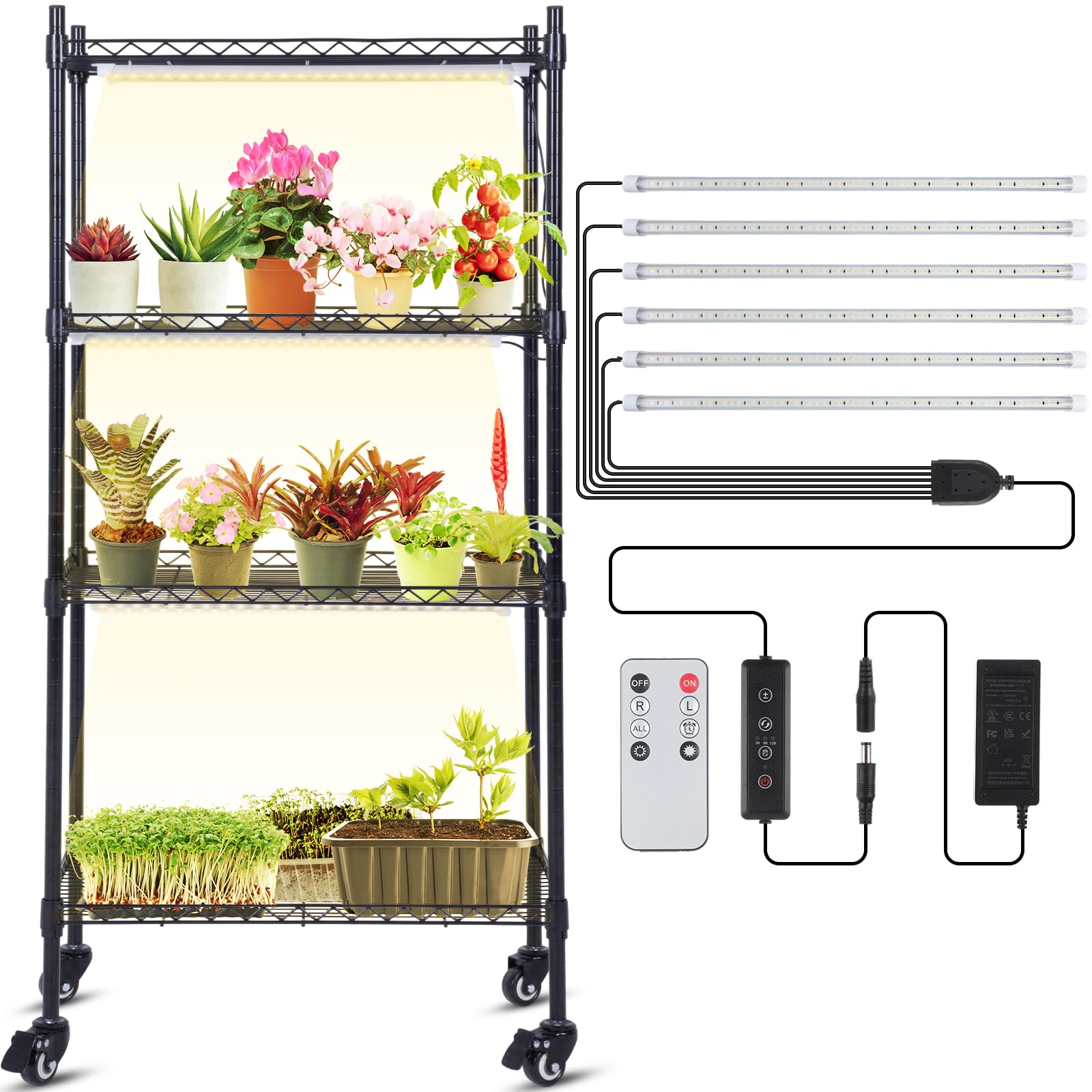 Meonum Plant Shelf with Grow Light, 4 Layers Plant Stand with 6 Pack