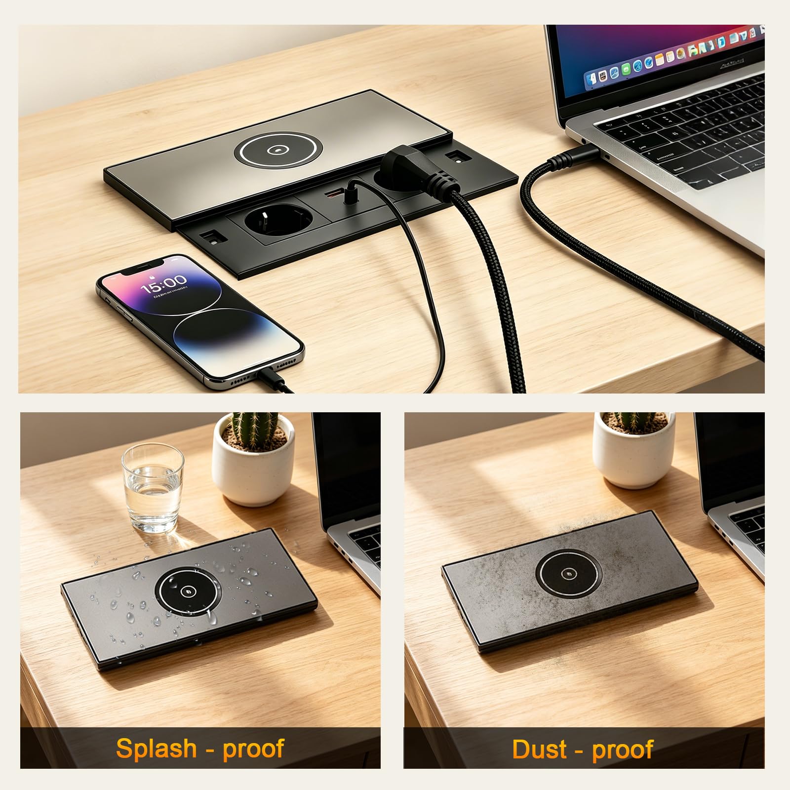 Base de enchufe de aluminio empotrable, con 2 enchufes euro, 1 USB-A, 1 USB-C PD 30W, carga inalámbrica, cable de 1,8 m, enchufe de mesa retráctil para cocina, escritorio y oficina