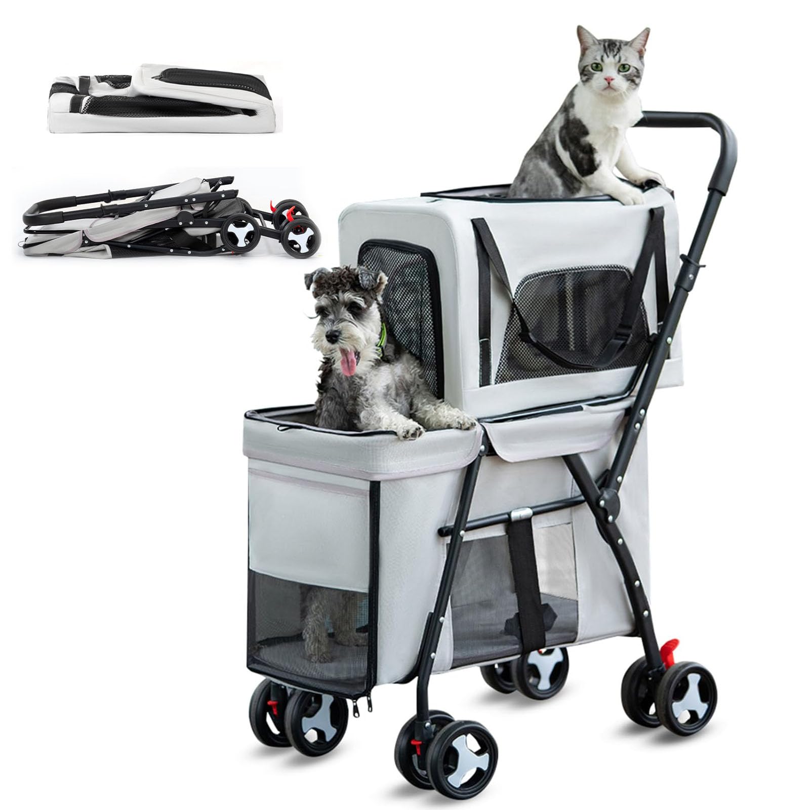 RUYICZB Pet Stroller Double Deck 4 Wheels,Premium Double-Layer Dog Prams for Two Cats Or Dogs,Easy-Fold Dog Cat Stroller with Detachable Travel Cart Carrier,Gray