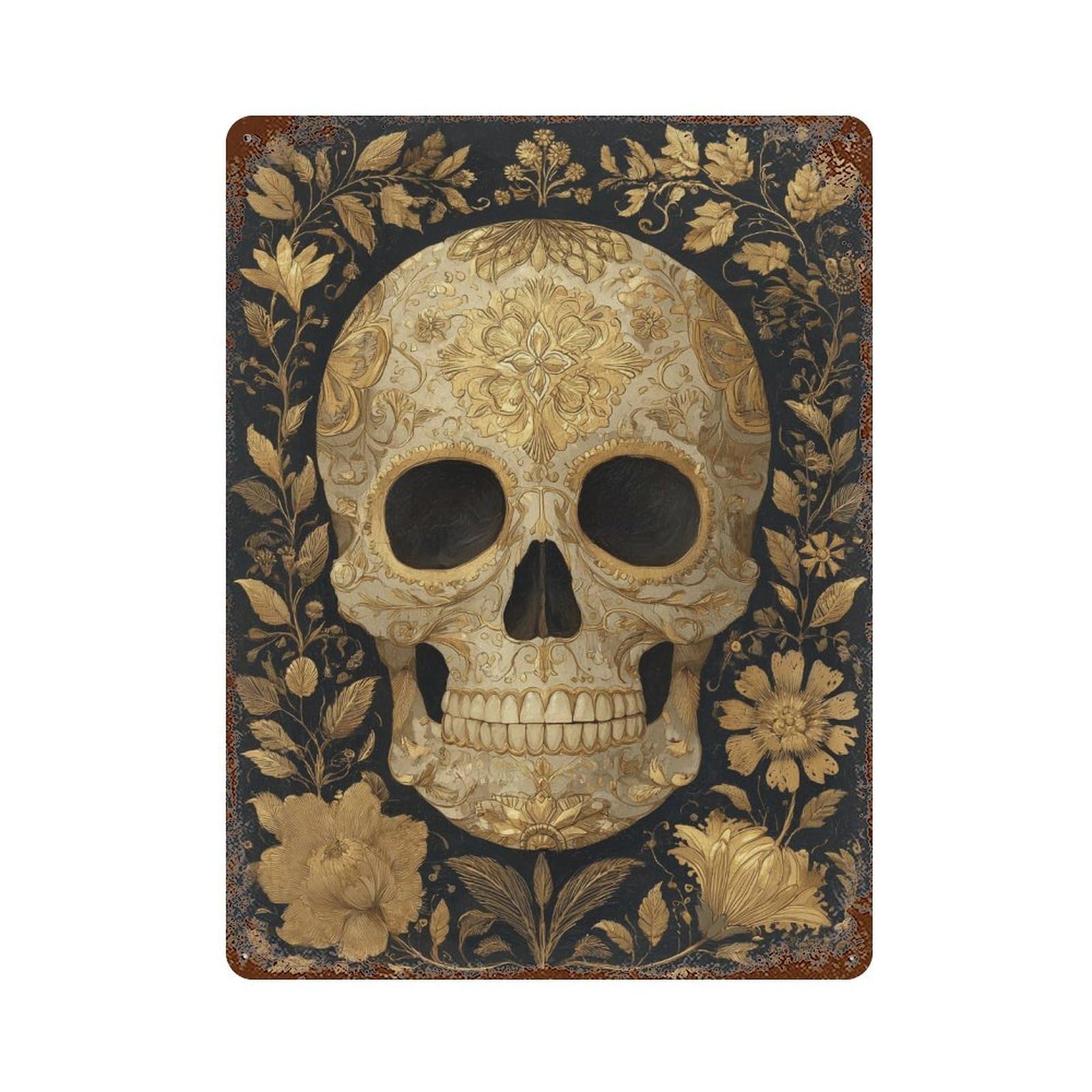 Garage Style Golden Skull Artwork Distressed Metal Wall Sign 15.7"x11.8", Shabby Chic Decor for Bar And Workshop