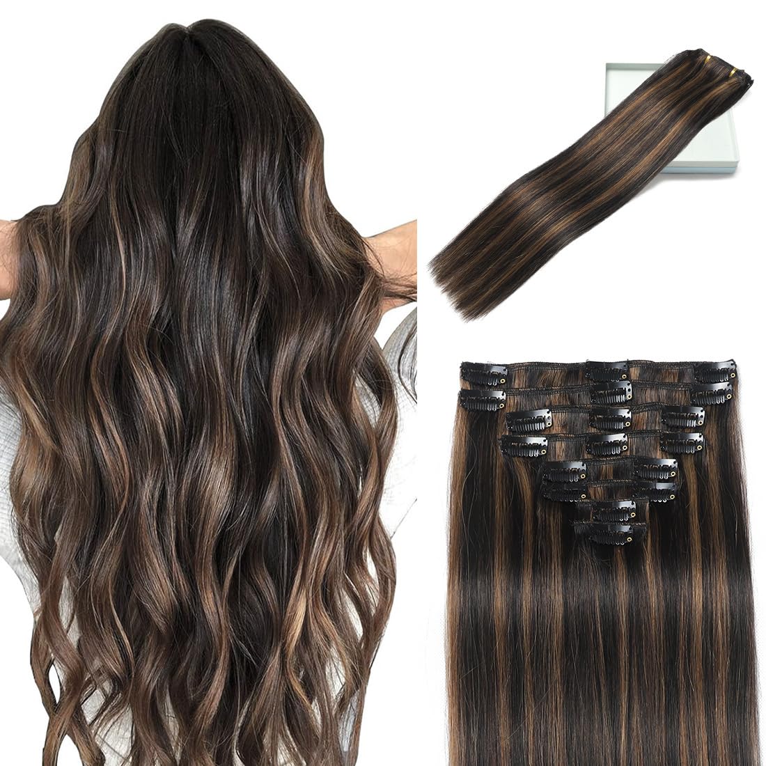 LORIEN Clip in Hair Extensions Real Human Hair, Clip in 100% Brazilian Remy Human Hair Extensions 8pcs Per Set with 18 Clips Double Weft, 24 Inch 120g