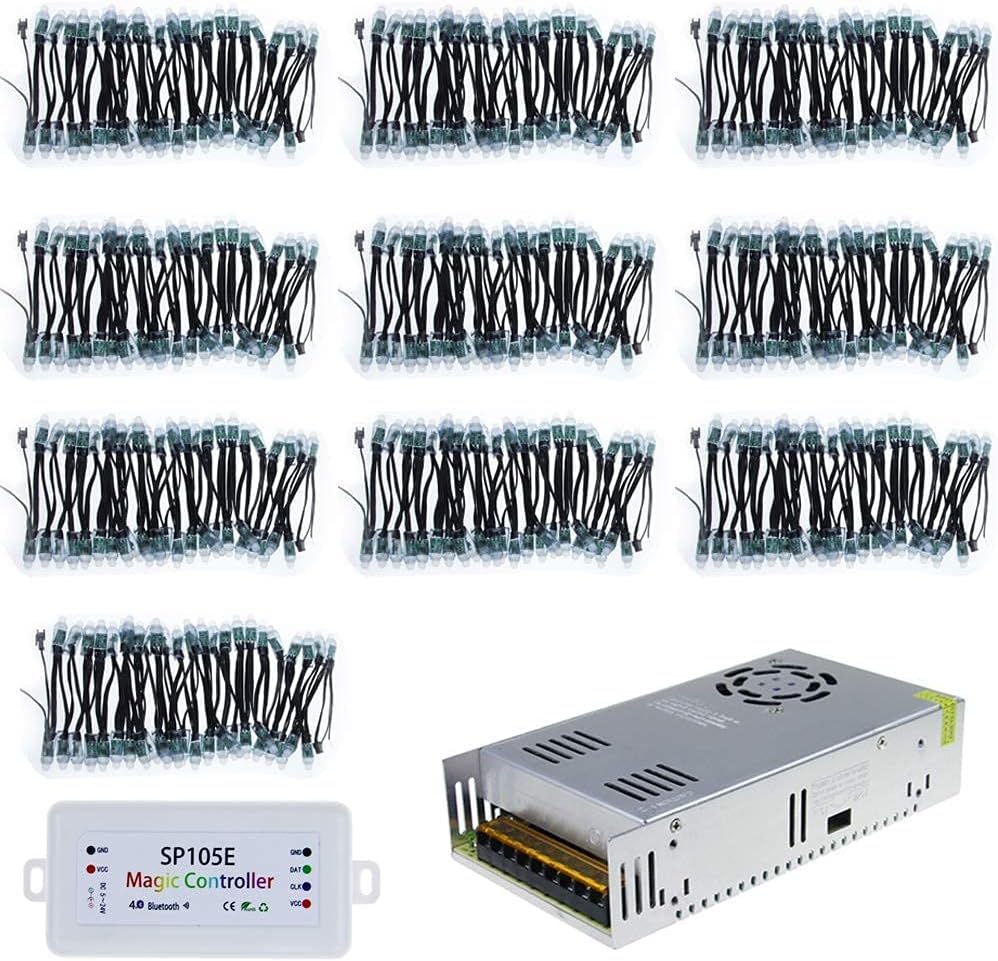 ALITOVE 500pcs WS2811 Addressable RGB LED Pixels Light Black Wire + SP105E Blueooth Controller + 5V 60A Power Supply