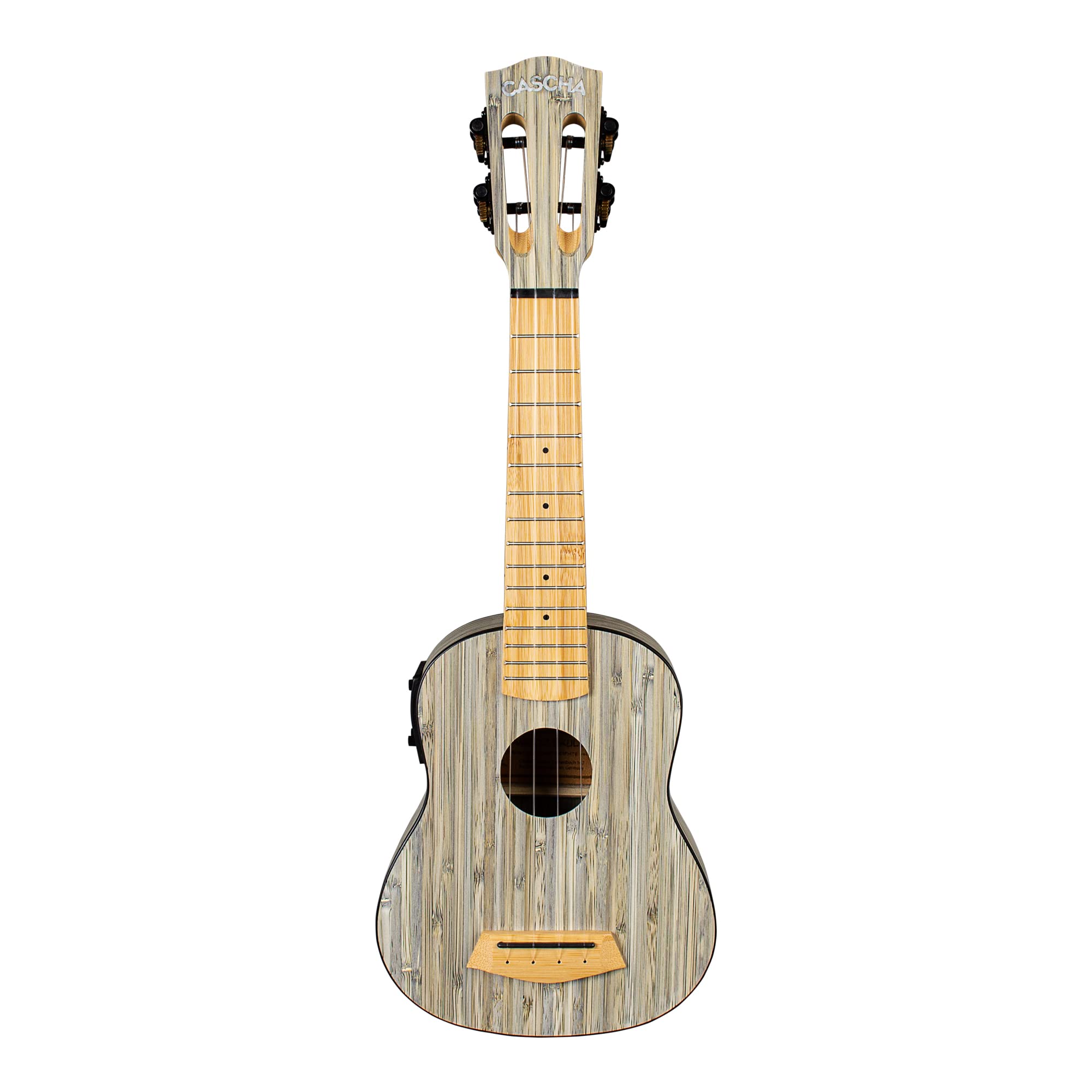 Cascha E-Bamboo Graphit Sopran Ukulele Erwachsene & Kinder - inkl. 3 Plektren & Tasche - Bambus-Ukulele als Bühnenbegleiter - hochwertige Carbon-Saiten - integriertes Stimmgerät & 3-Band-Equalizer