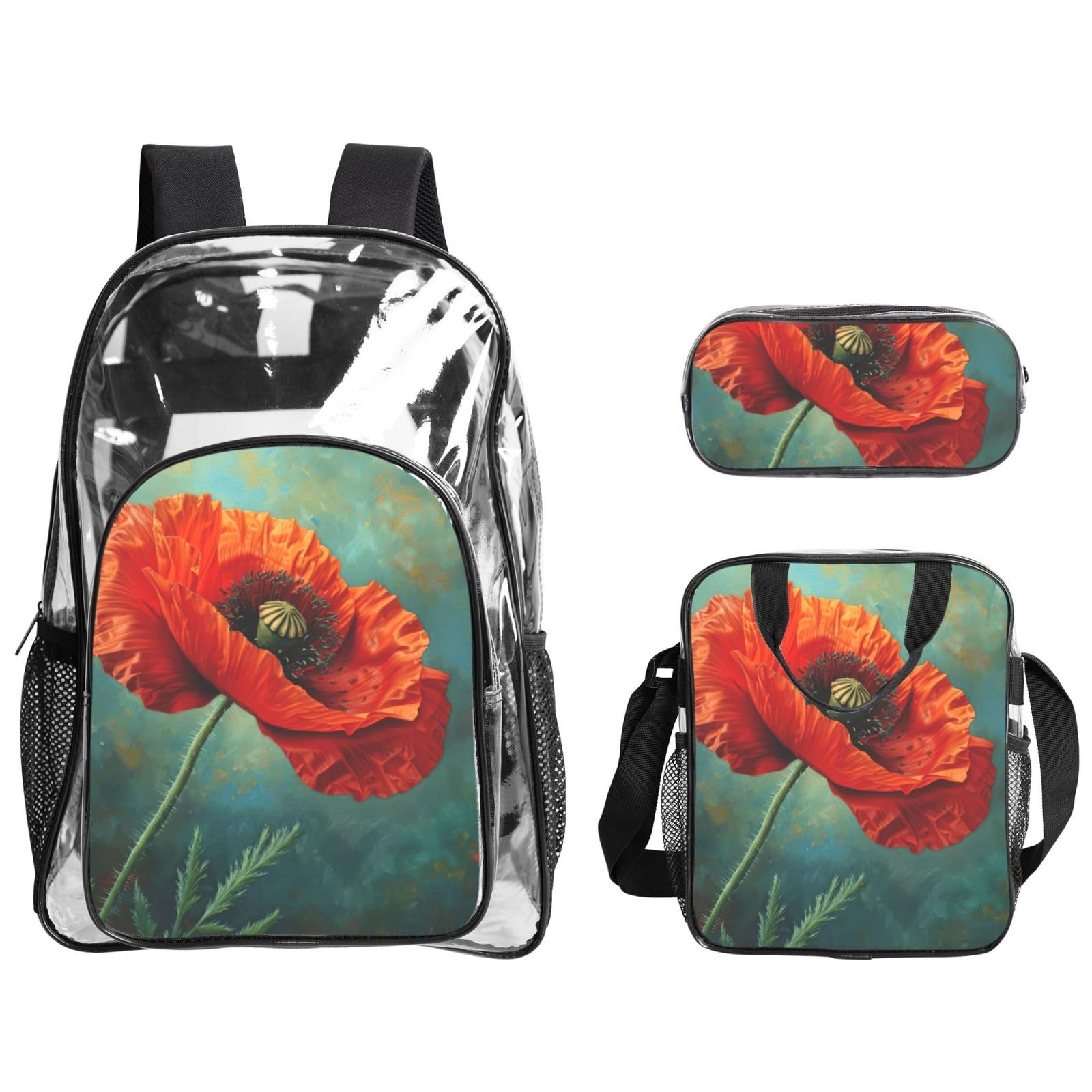 Poppy Flower Print 3-częściowy przezroczysty plecak zestaw do podróży na świeżym powietrzu przygody wakacje przezroczysta torba