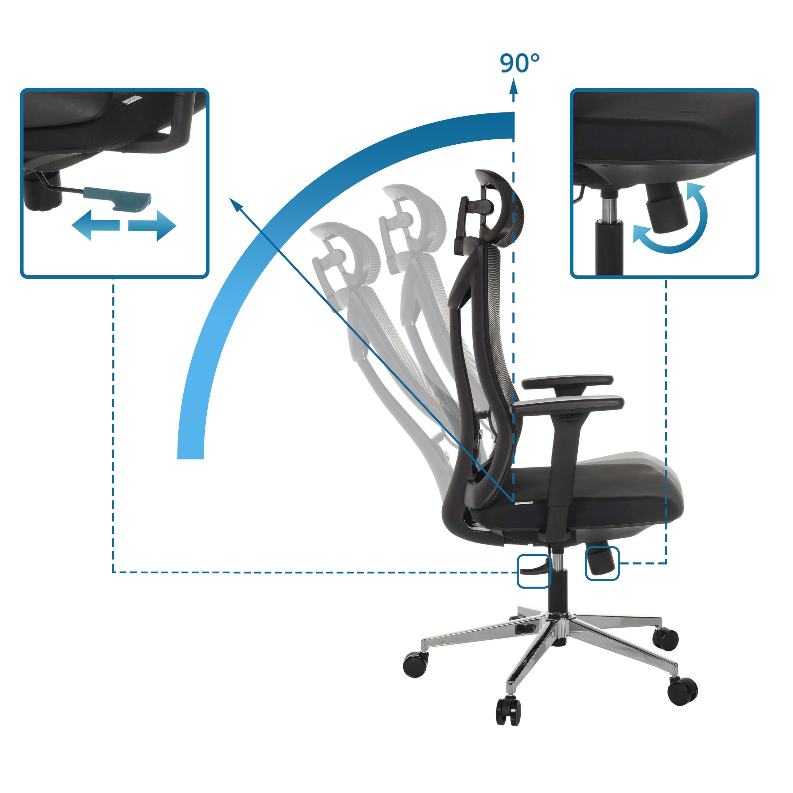 HJH Office Sedia Ergonomica KAMIAK Con Poggiatesta 3D, Supporto Lombare Regolabile, Base In Alluminio, Nero, Portata 120kg