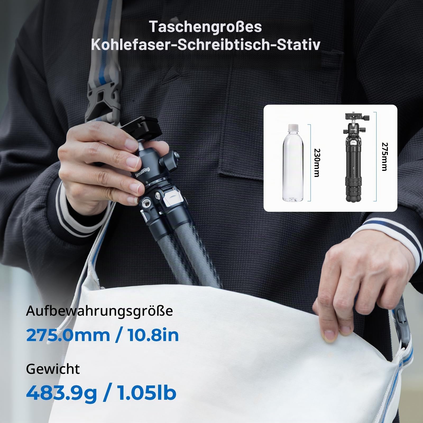 SMALLRIG Mini-Tischstativ aus Kohlefaser, Trípode 395mm/15,5Zoll kompaktes Tischstativ-Set im Taschenformat mit 360°-Kugelkopf, integrierter QR-Platte für Arca, Arbeitshöhe Reicht von 120-395mm - 5026