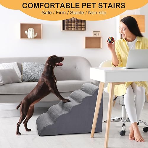 Miniatura 7 de Escaleras para perros para cama, escalones para perros de 5 niveles para sofá y cama alta, escaleras antideslizantes para mascotas, rampa de espuma