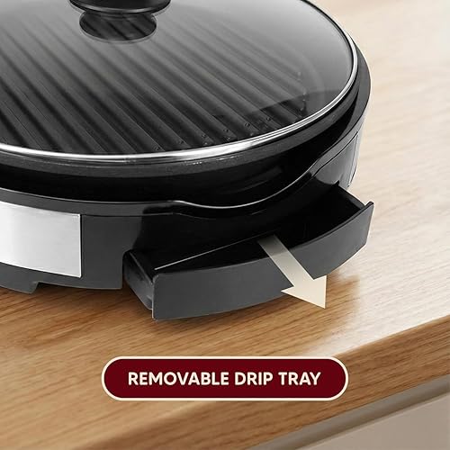 Vista 4 de Elite Gourmet EMG6505G - Parrilla eléctrica para barbacoa de interior sin humo de 12 pulgadas con tapa de vidrio, apta para lavavajillas