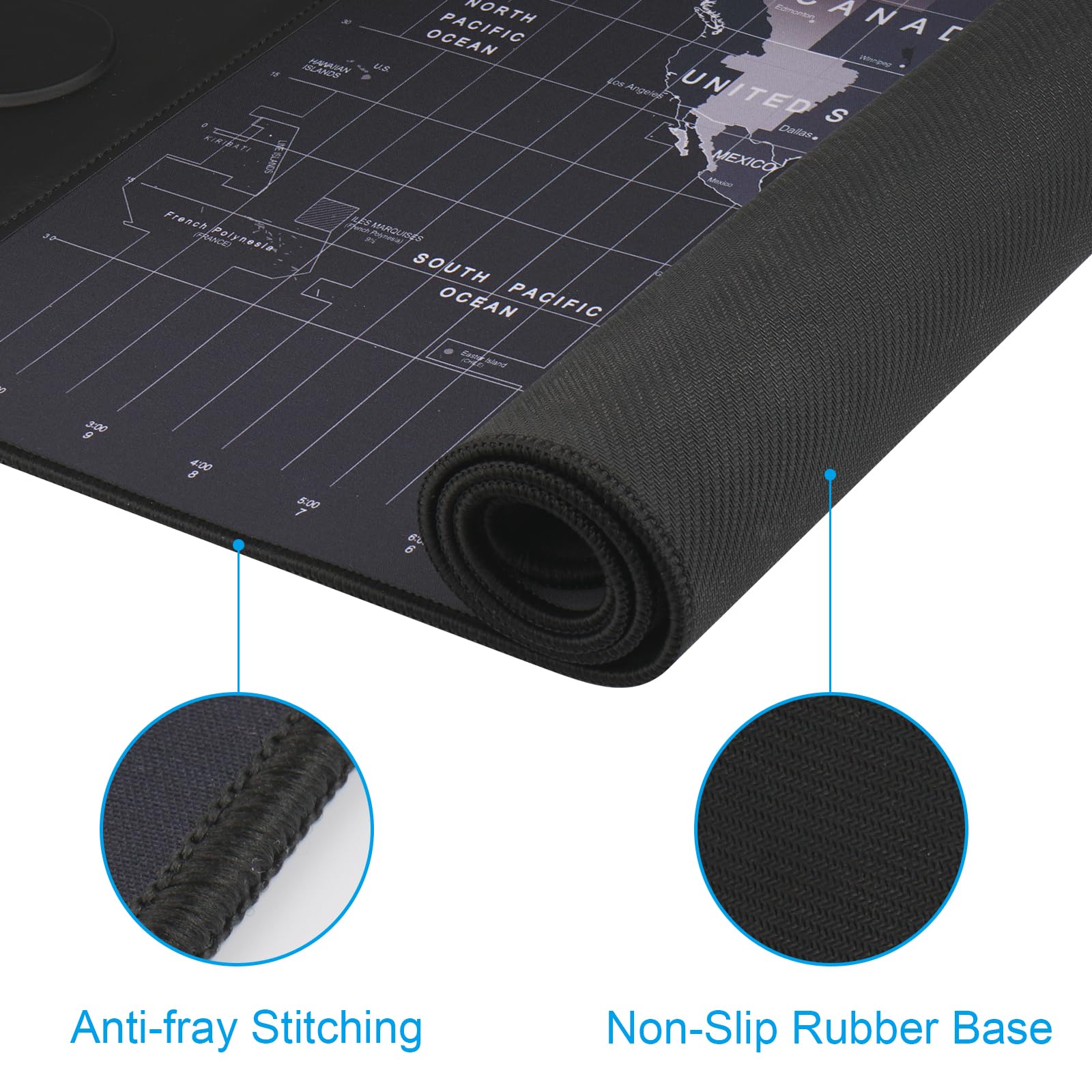 VOVIPO Pad de souris de charge sans fil 15W,Tapis de souris de jeu imperméable,XXL grand tapis de bureau 90 x 40cm, Carte du monde noire Computer Desk Pad noir pour MacBook/PC/ordinateur portable